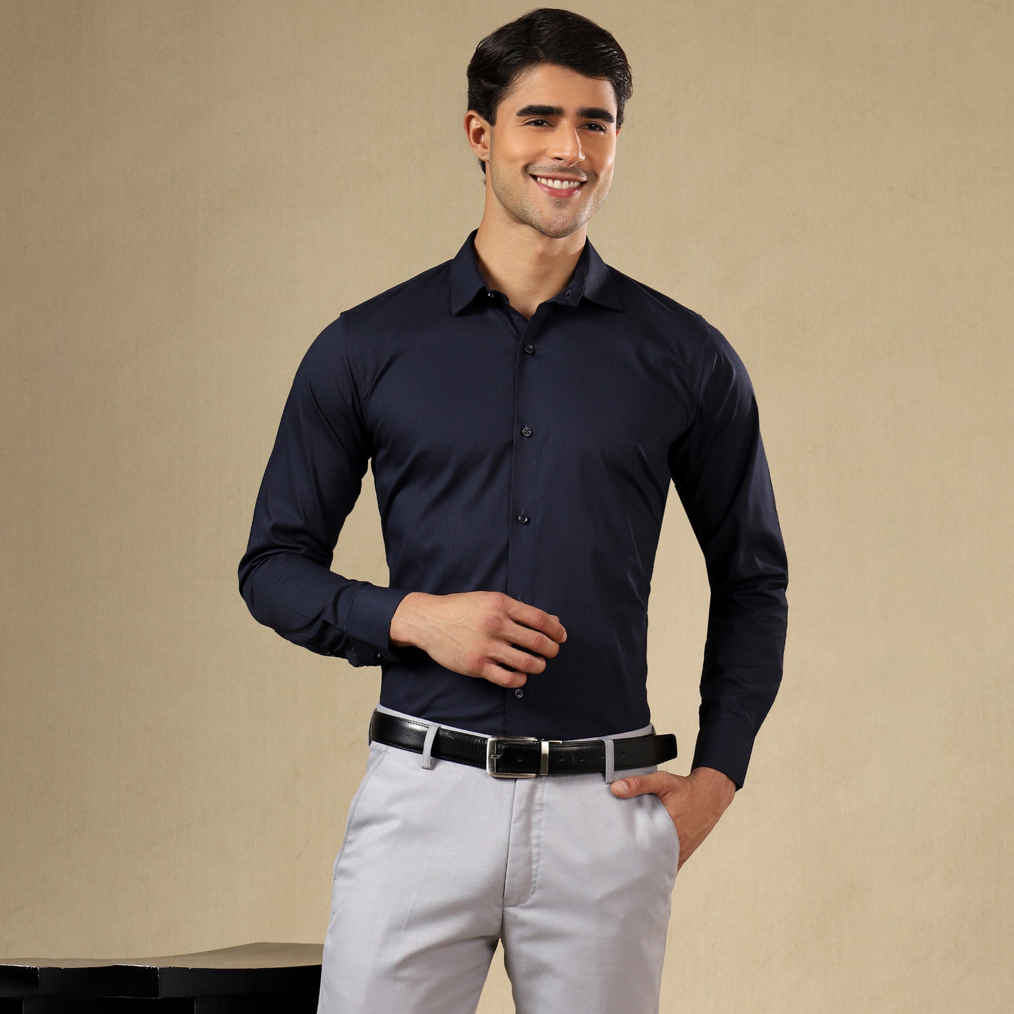 Men’s Classic Self-Striped Regular Fit Shirt- Navy Blue