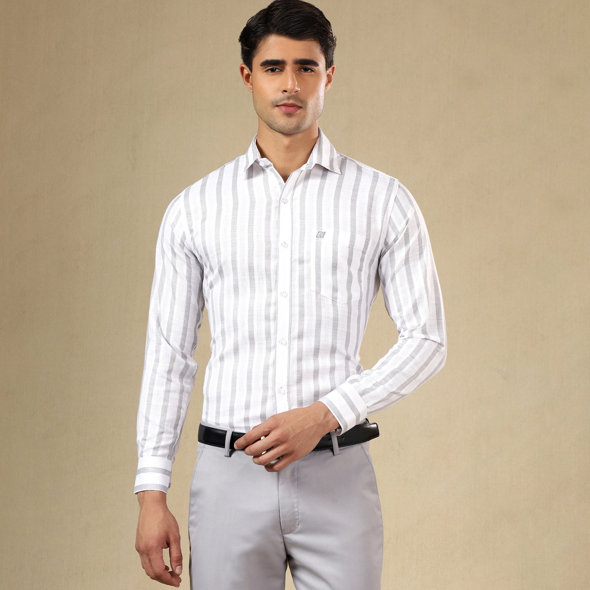 Men's Striped Linen Regular Fit Single Pocket Shirt- Grey