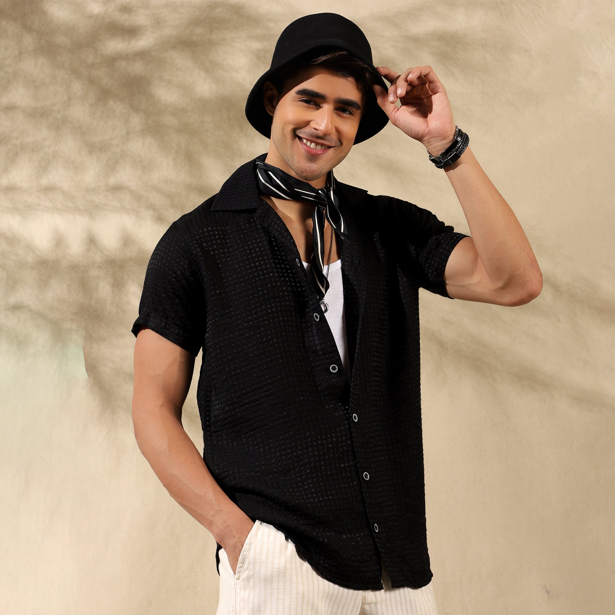 Men's Imported Textured Cuban Collar Casual Half Shirt Black