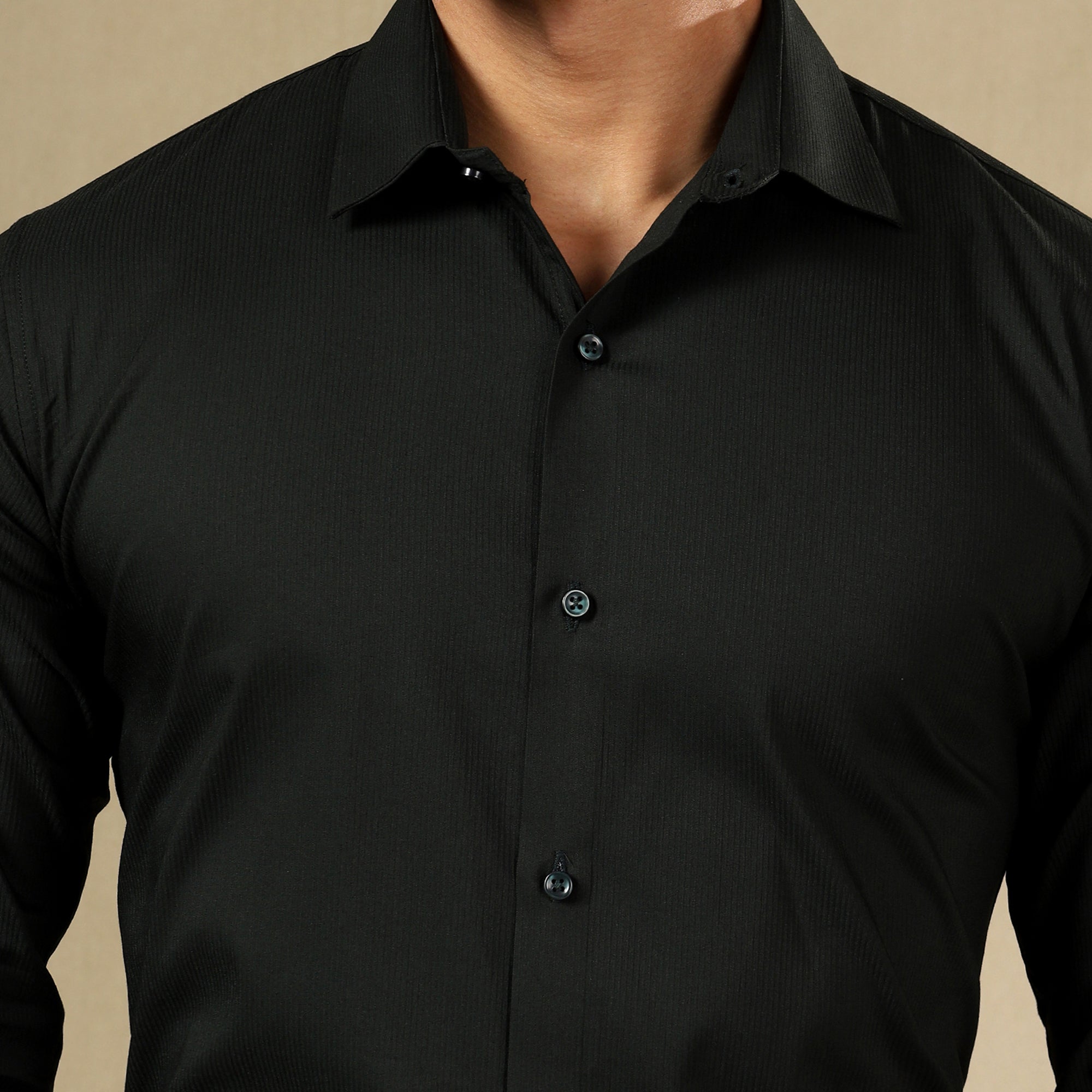 Men’s Classic Self-Striped Regular Fit Shirt- Black