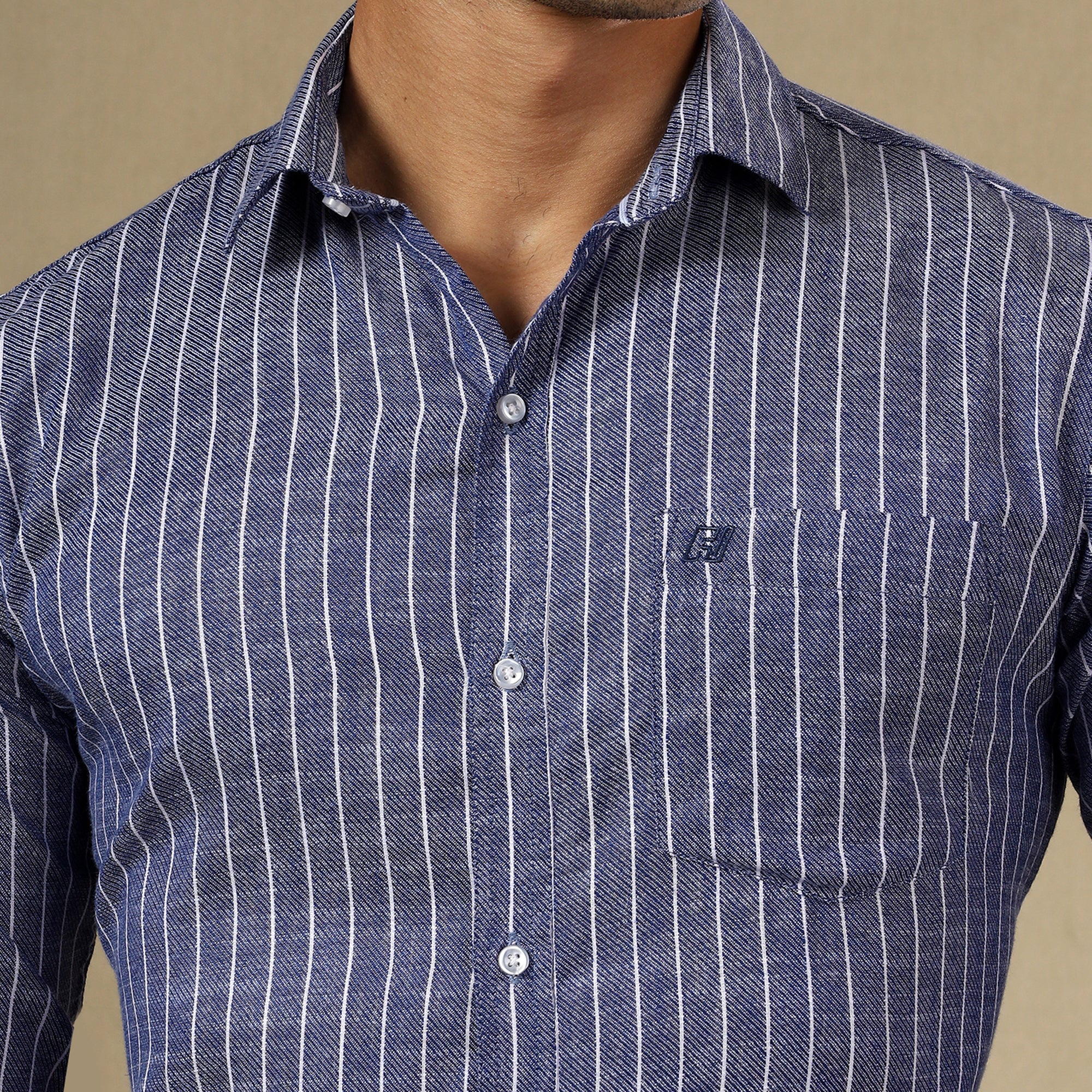 Men's Striped Linen Regular Fit Single Pocket Shirt- Blue