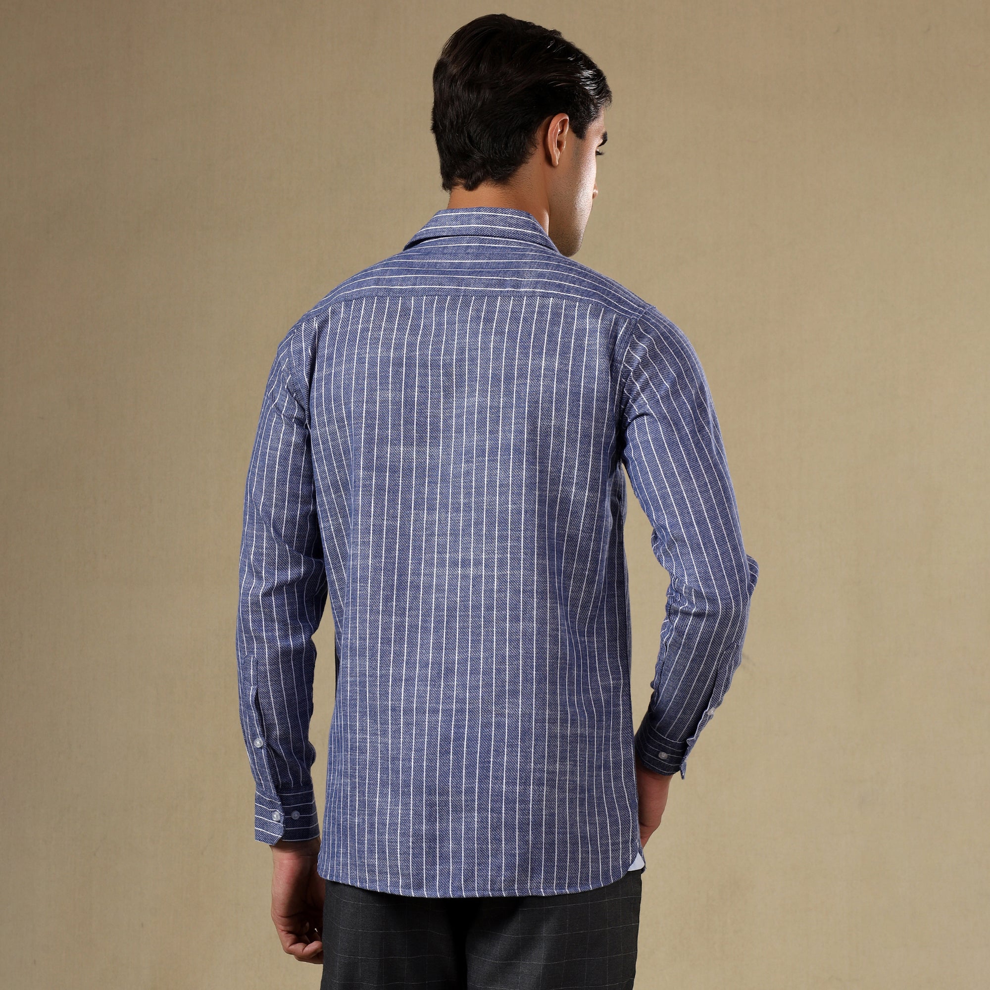 Men's Striped Linen Regular Fit Single Pocket Shirt- Blue