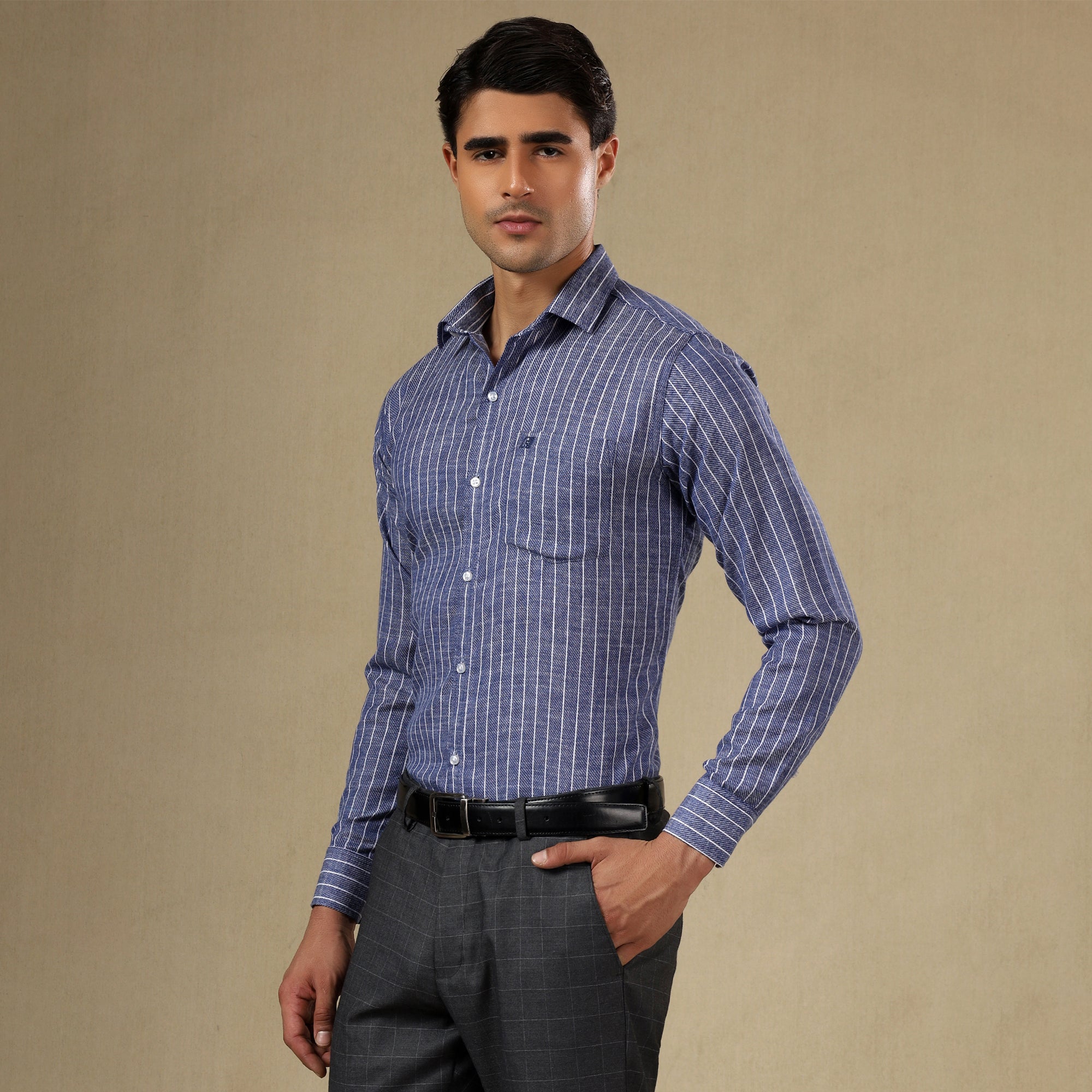 Men's Striped Linen Regular Fit Single Pocket Shirt- Blue