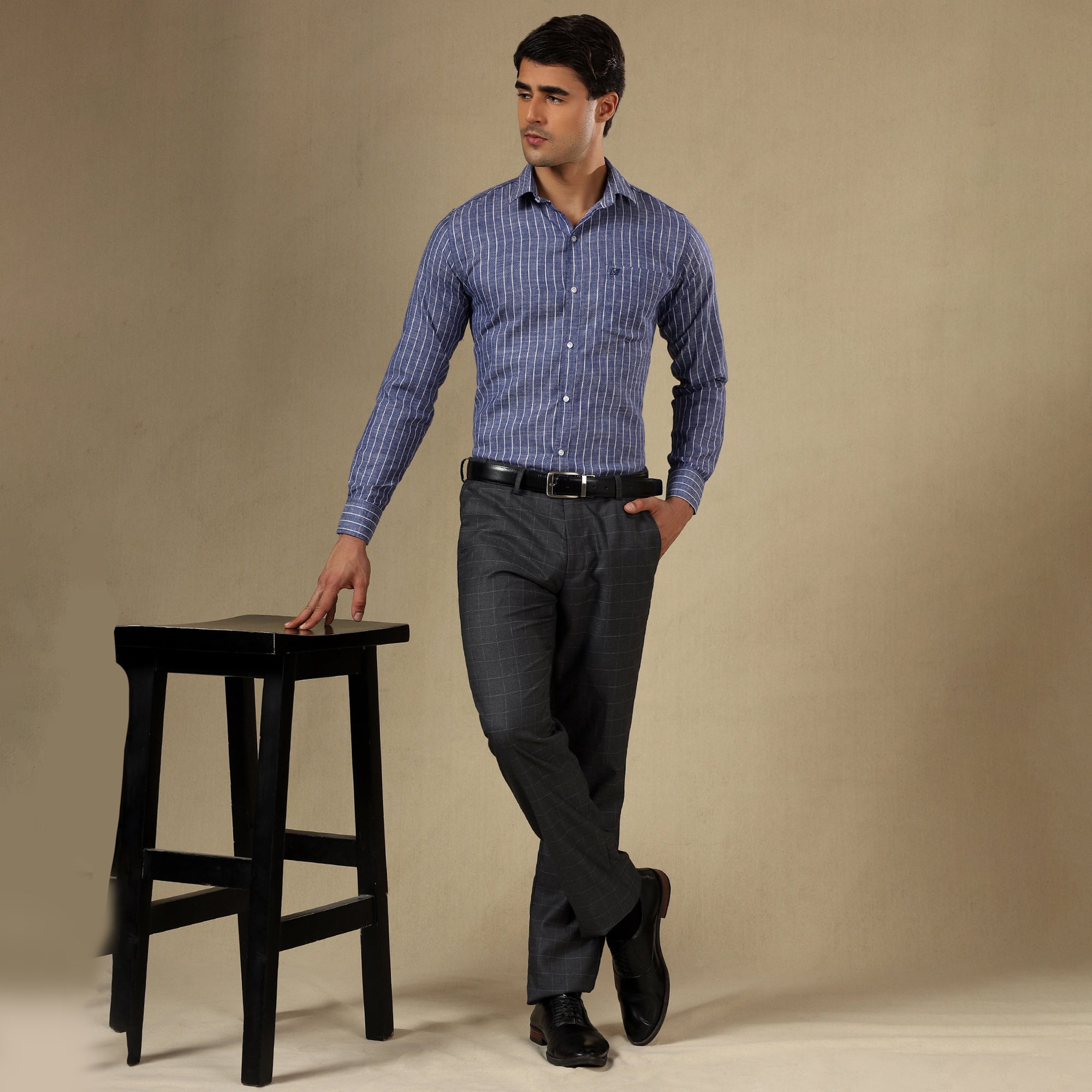 Men's Striped Linen Regular Fit Single Pocket Shirt- Blue