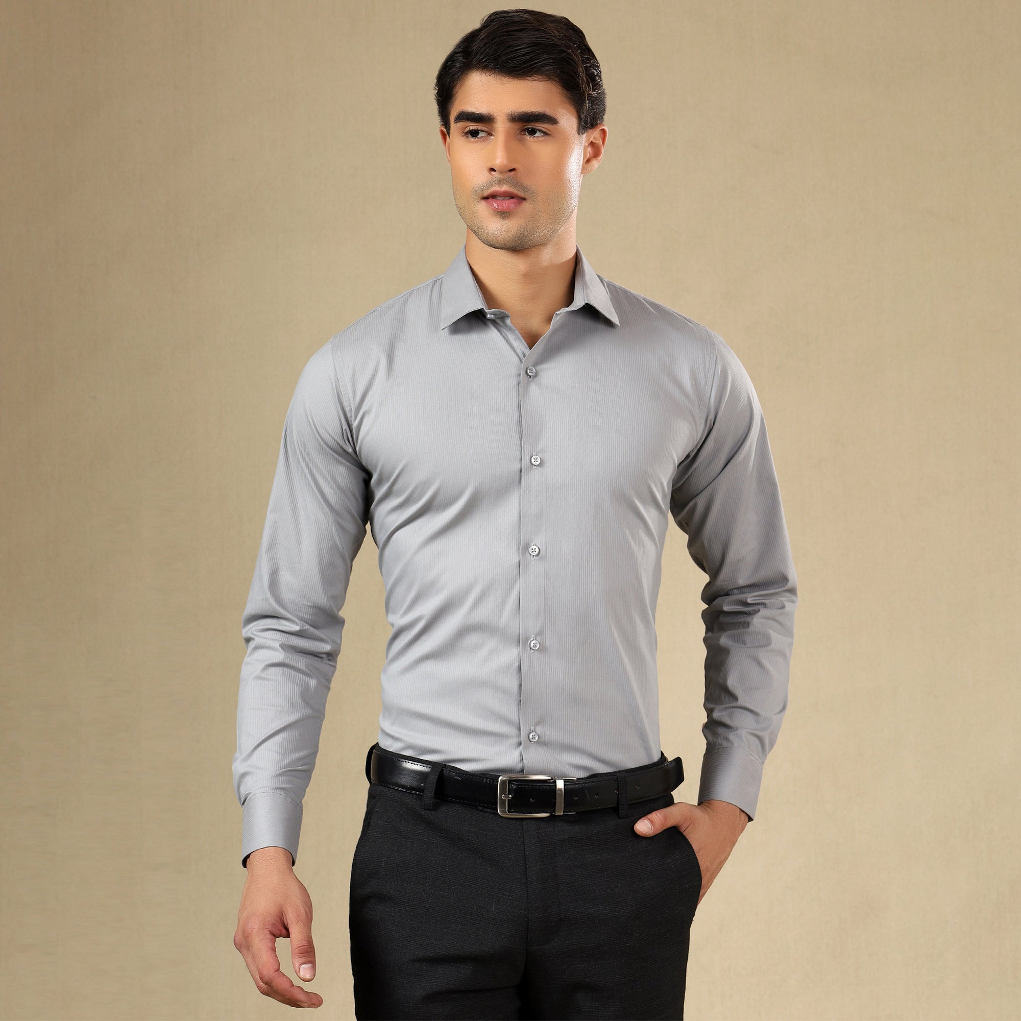 Men’s Classic Self-Striped Regular Fit Shirt- Grey