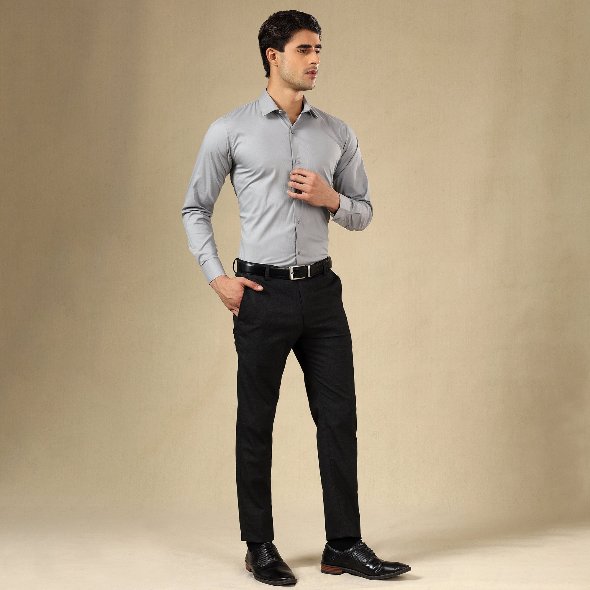 Men’s Classic Self-Striped Regular Fit Shirt- Grey