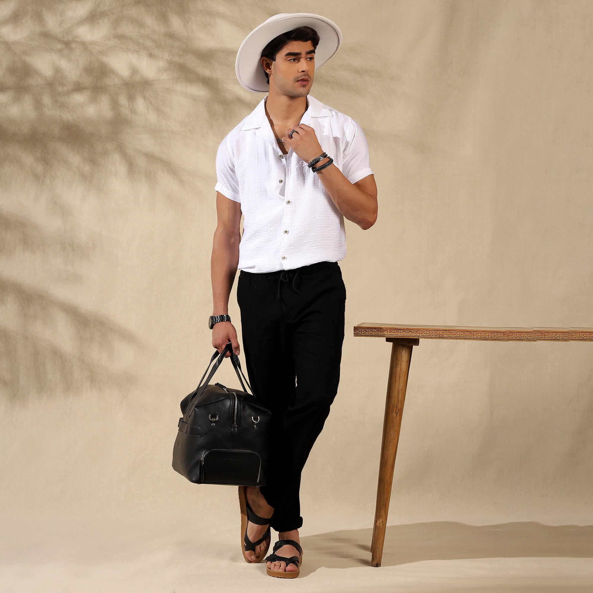 Men's Imported Textured Cuban Collar Casual Half Shirt White Filo Hevis