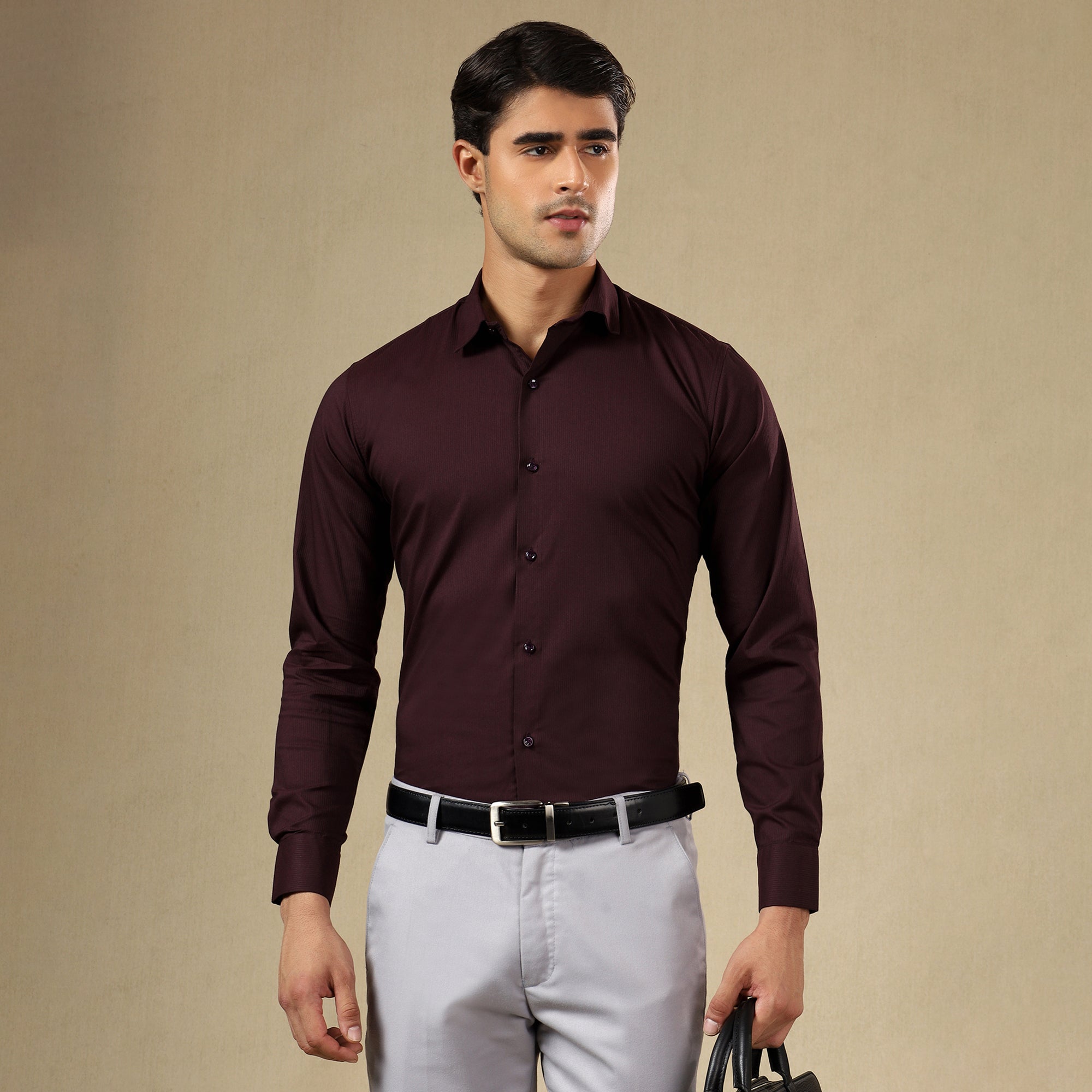Men’s Classic Self-Striped Regular Fit Shirt- Wine