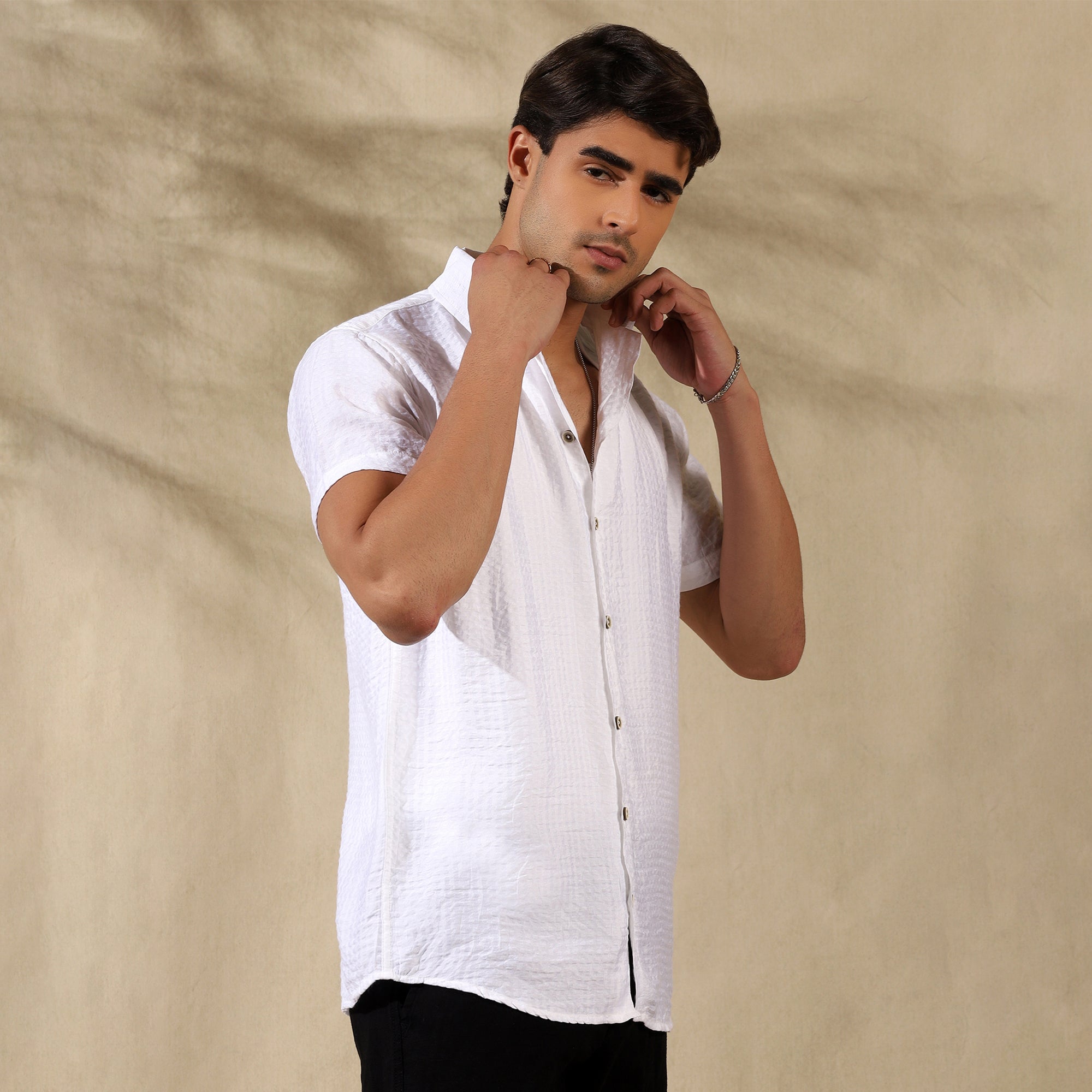 Men's Imported Textured Cuban Collar Casual Half Shirt White Filo Hevis