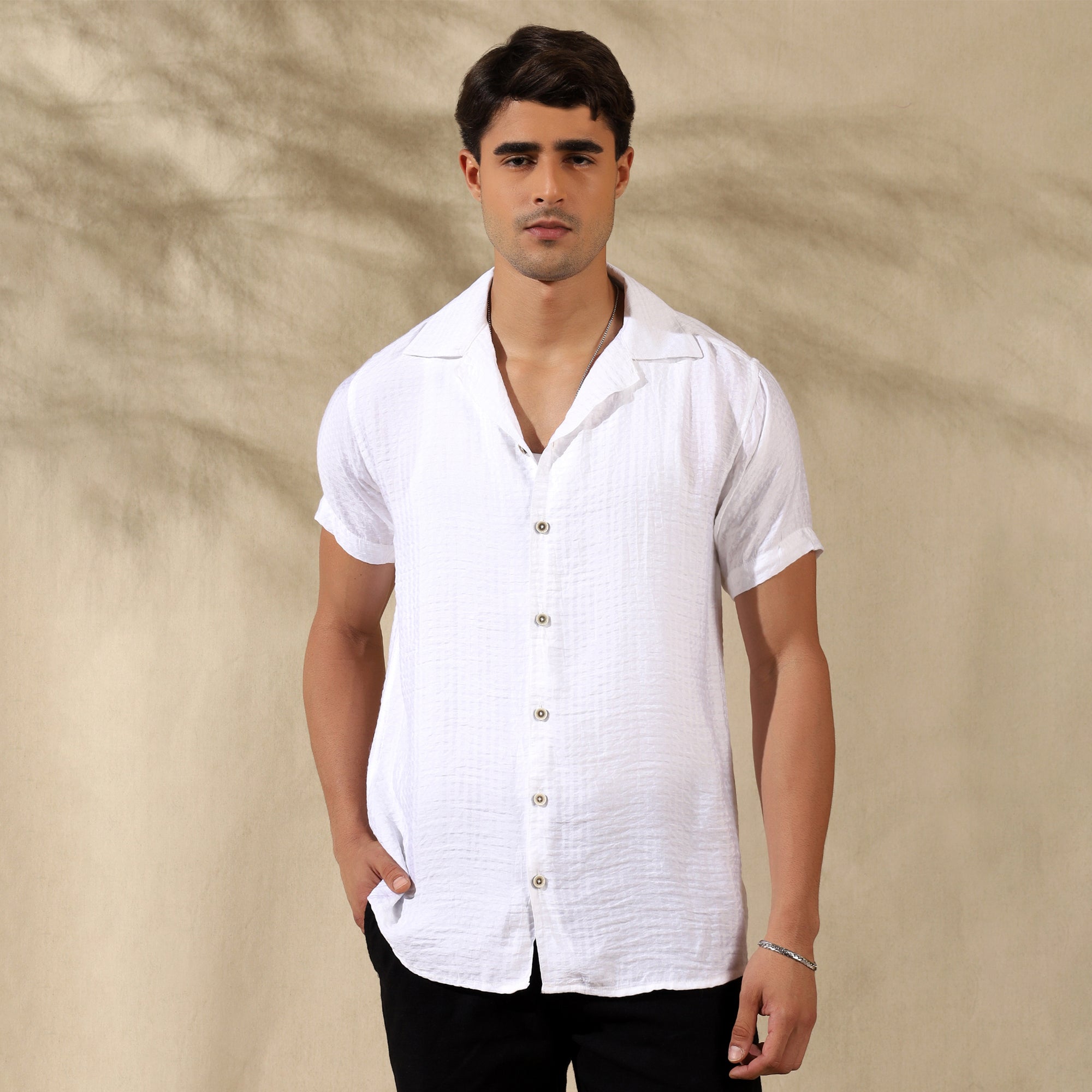 Men's Imported Textured Cuban Collar Casual Half Shirt White Filo Hevis