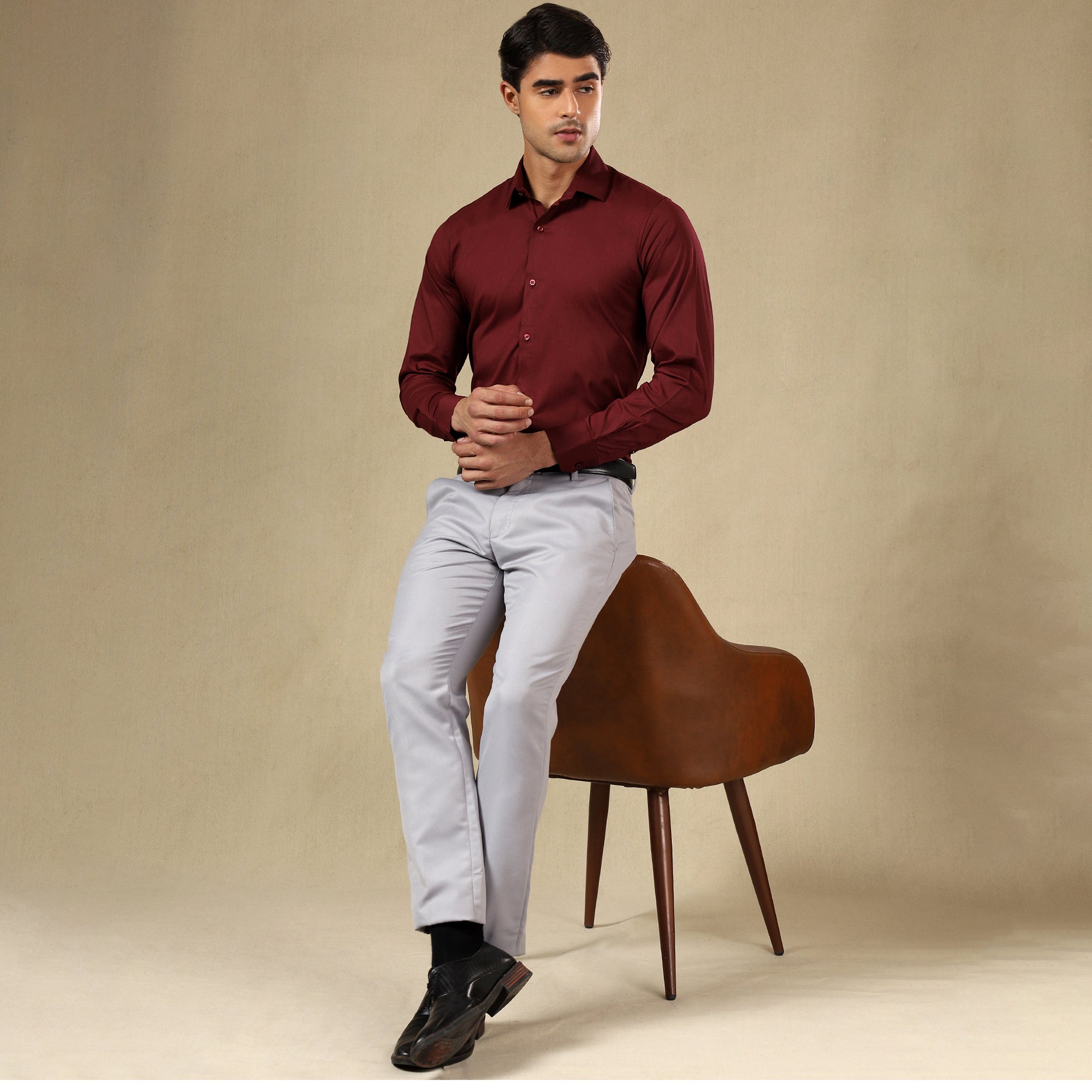 Premium SELF STRIPED SHIRTS FOR MEN - Textured Formal Shirts Collection | Professional Office Wear-Maroon