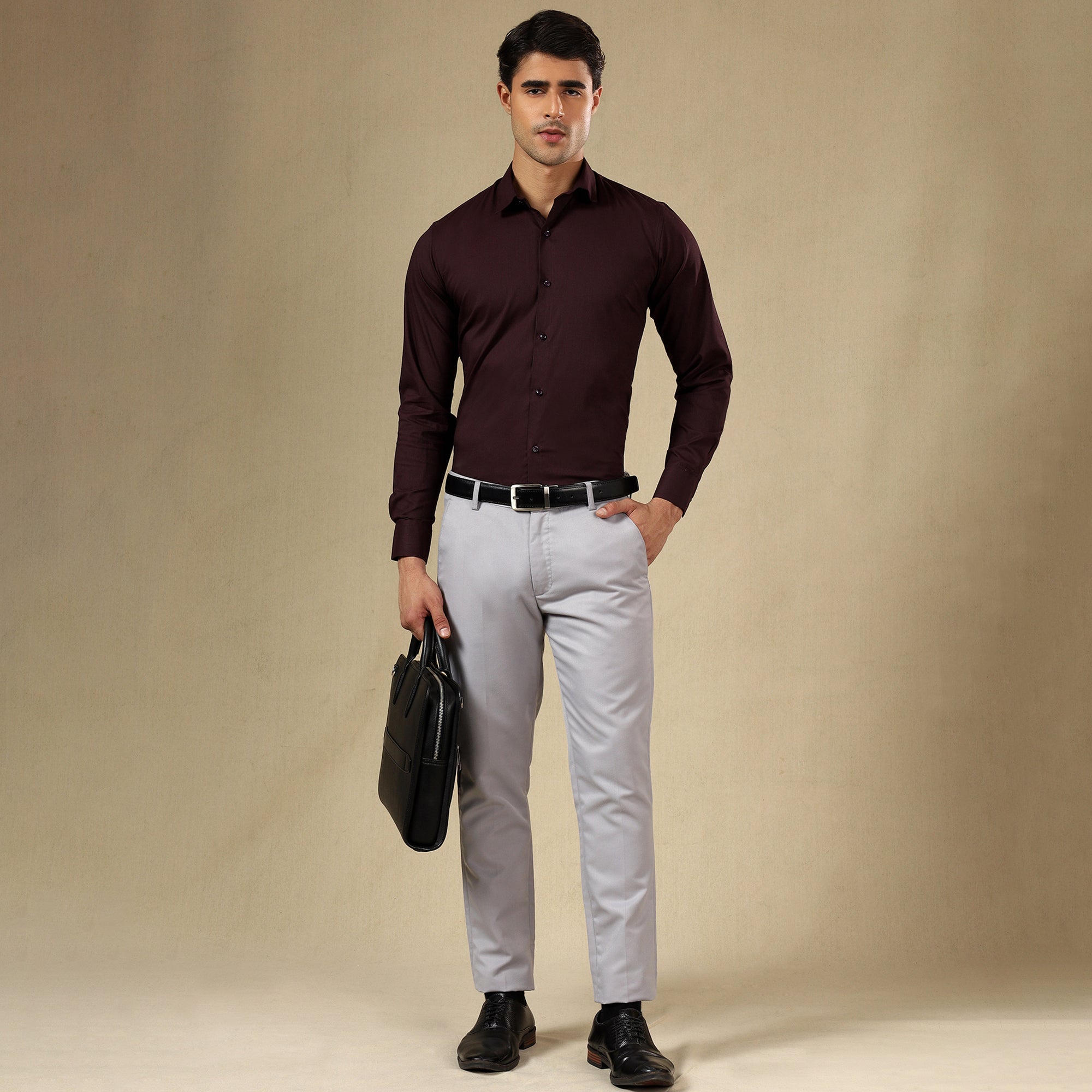 Men’s Classic Self-Striped Regular Fit Shirt- Wine