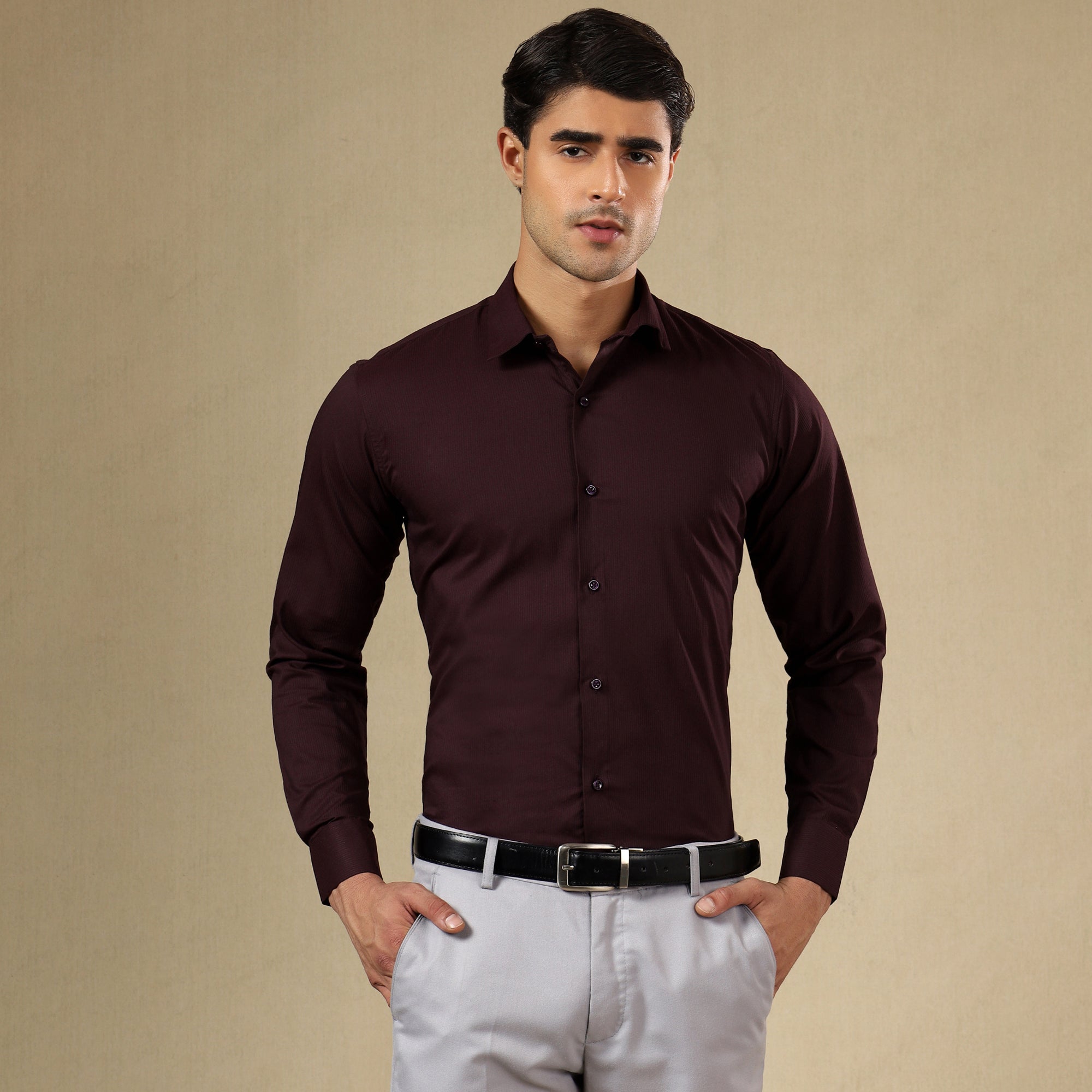 Men’s Classic Self-Striped Regular Fit Shirt- Wine