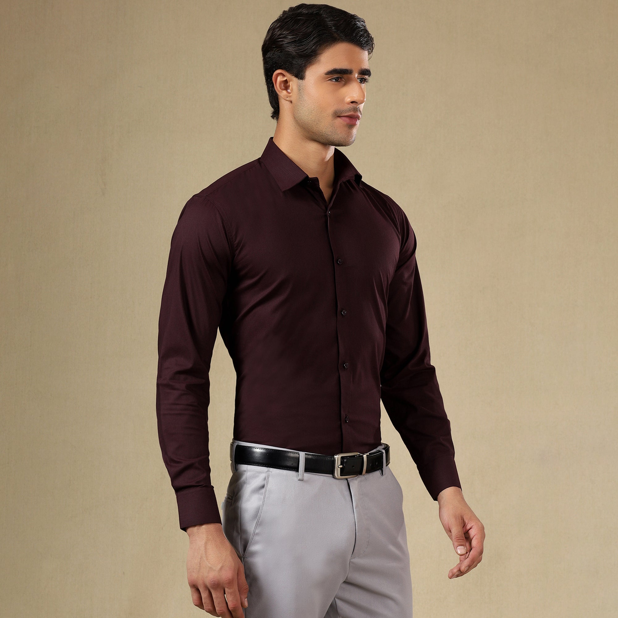 Men’s Classic Self-Striped Regular Fit Shirt- Wine