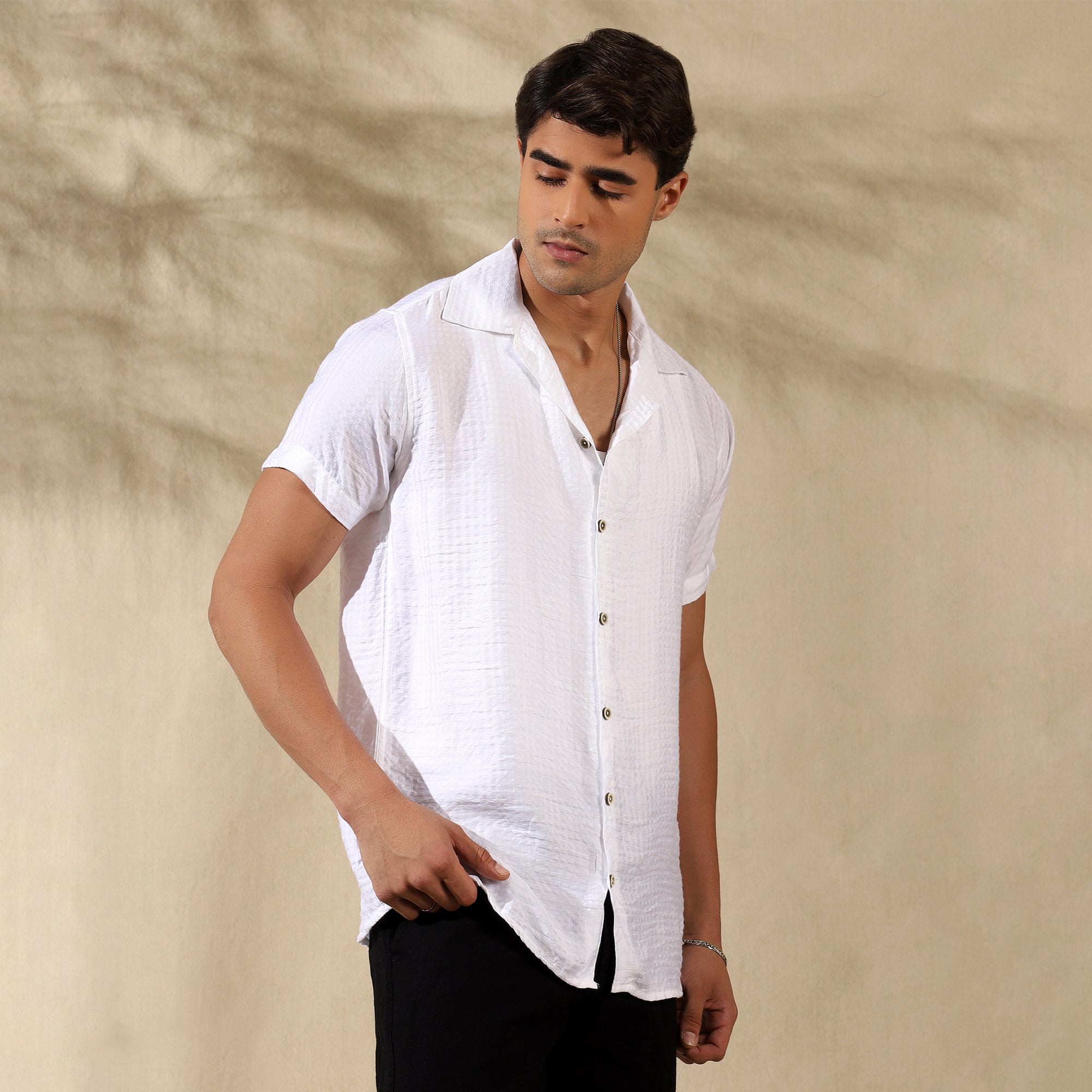 Men's Imported Textured Cuban Collar Casual Half Shirt White Filo Hevis