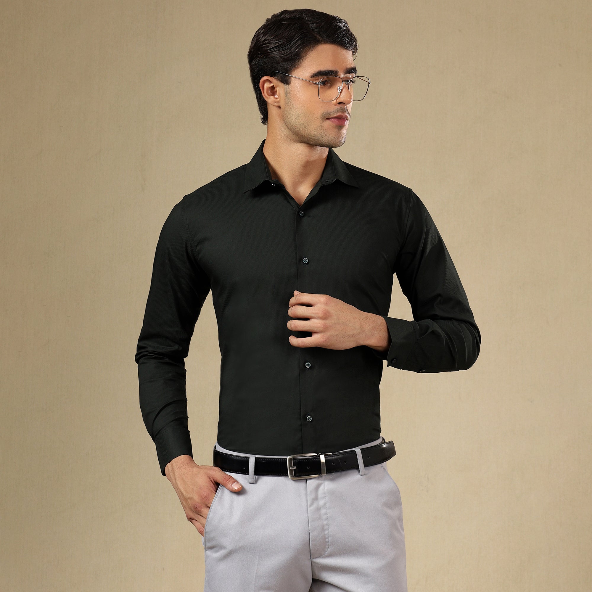 Men’s Classic Self-Striped Regular Fit Shirt- Black