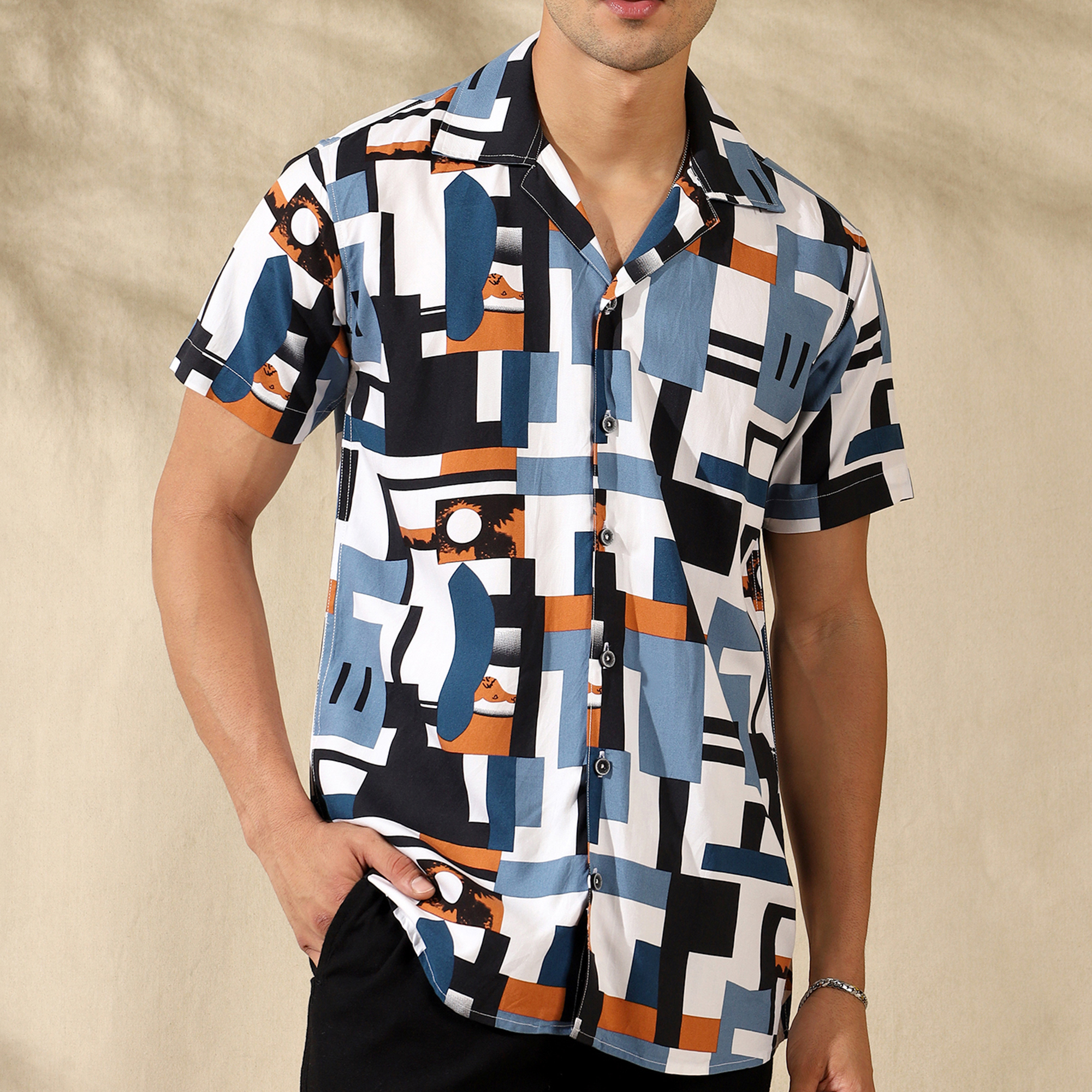 BLUE HALF CASUAL PRINTED COTTON SHIRT REGULAR FIT FOR MEN Filo Hevis