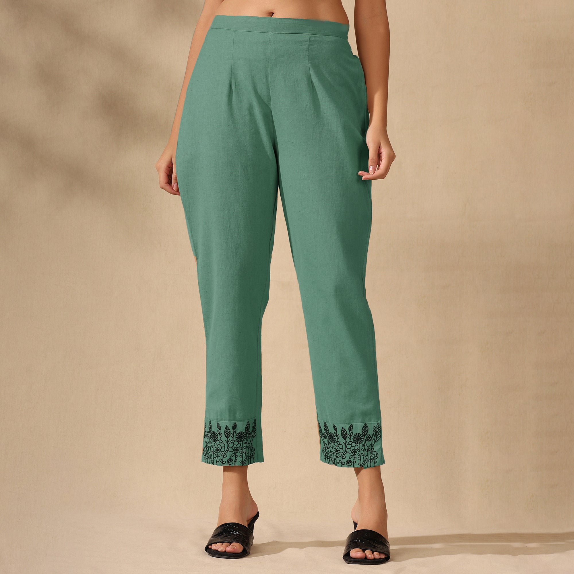 Botanical Embroidered Pure Cotton Tunic With Trousers Green Co-ord Set