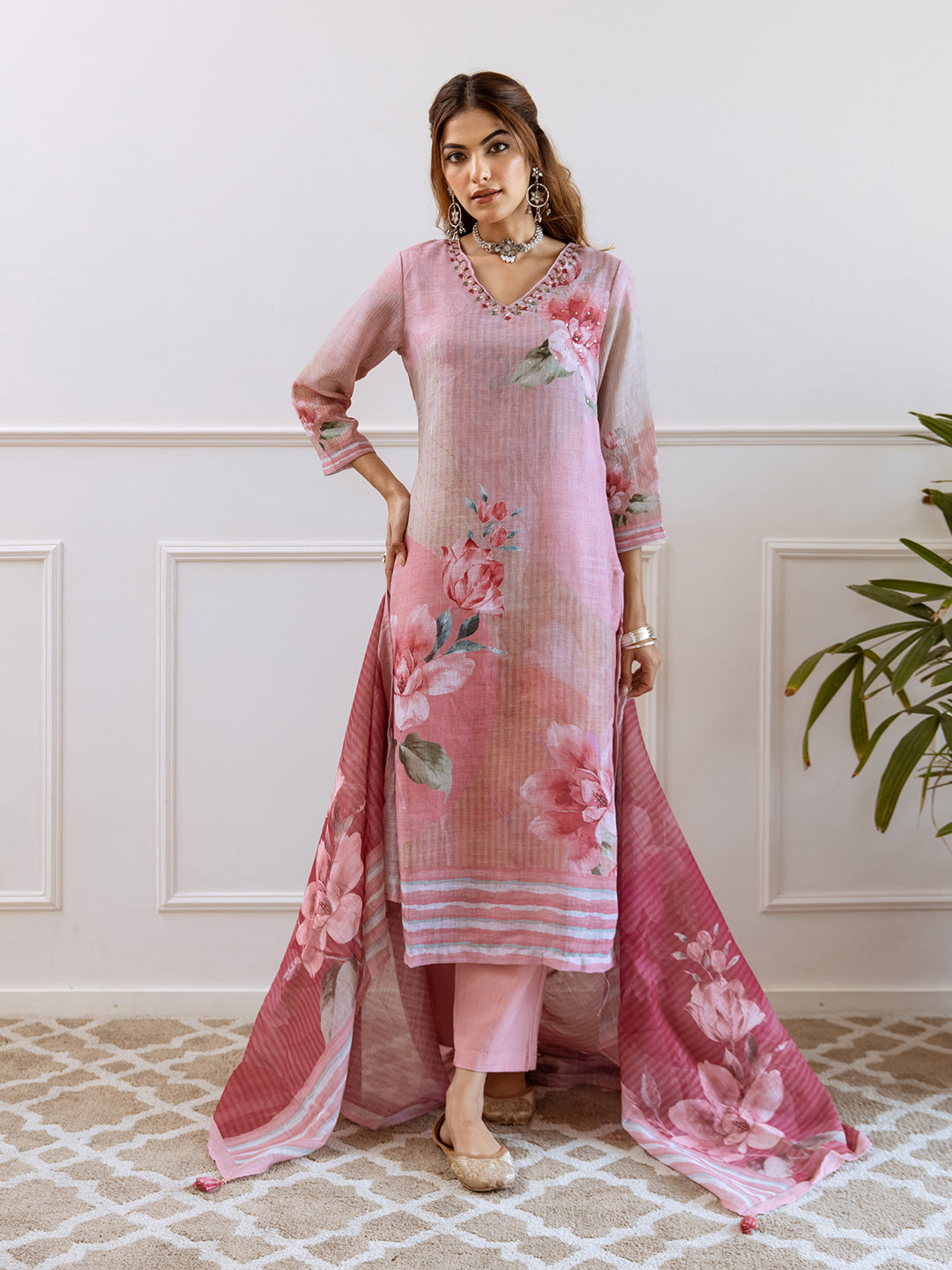 Floral Printed V-Neck Linen Straight Kurta Set with Dupatta- Rose Pink