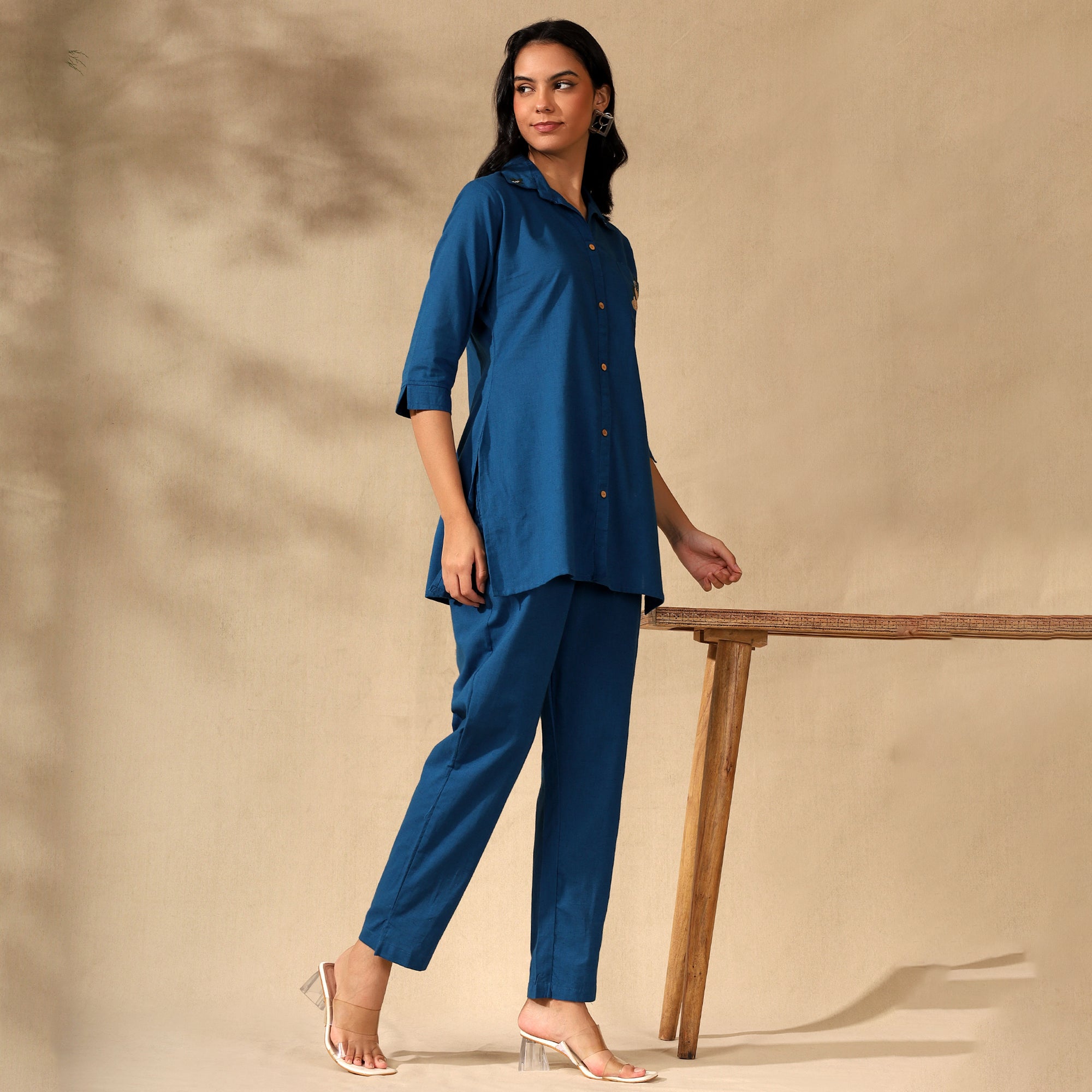 Floral Embroidered Pure Cotton Shirt With Trousers Blue Co-ord Set