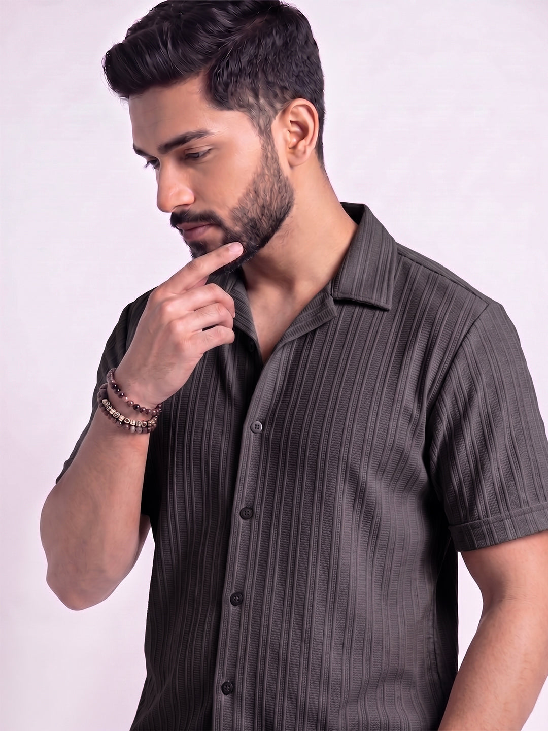 Men’s Dark Grey Textured Co-Ord Set – Premium Relaxed Fit Shirt & Trouser Set