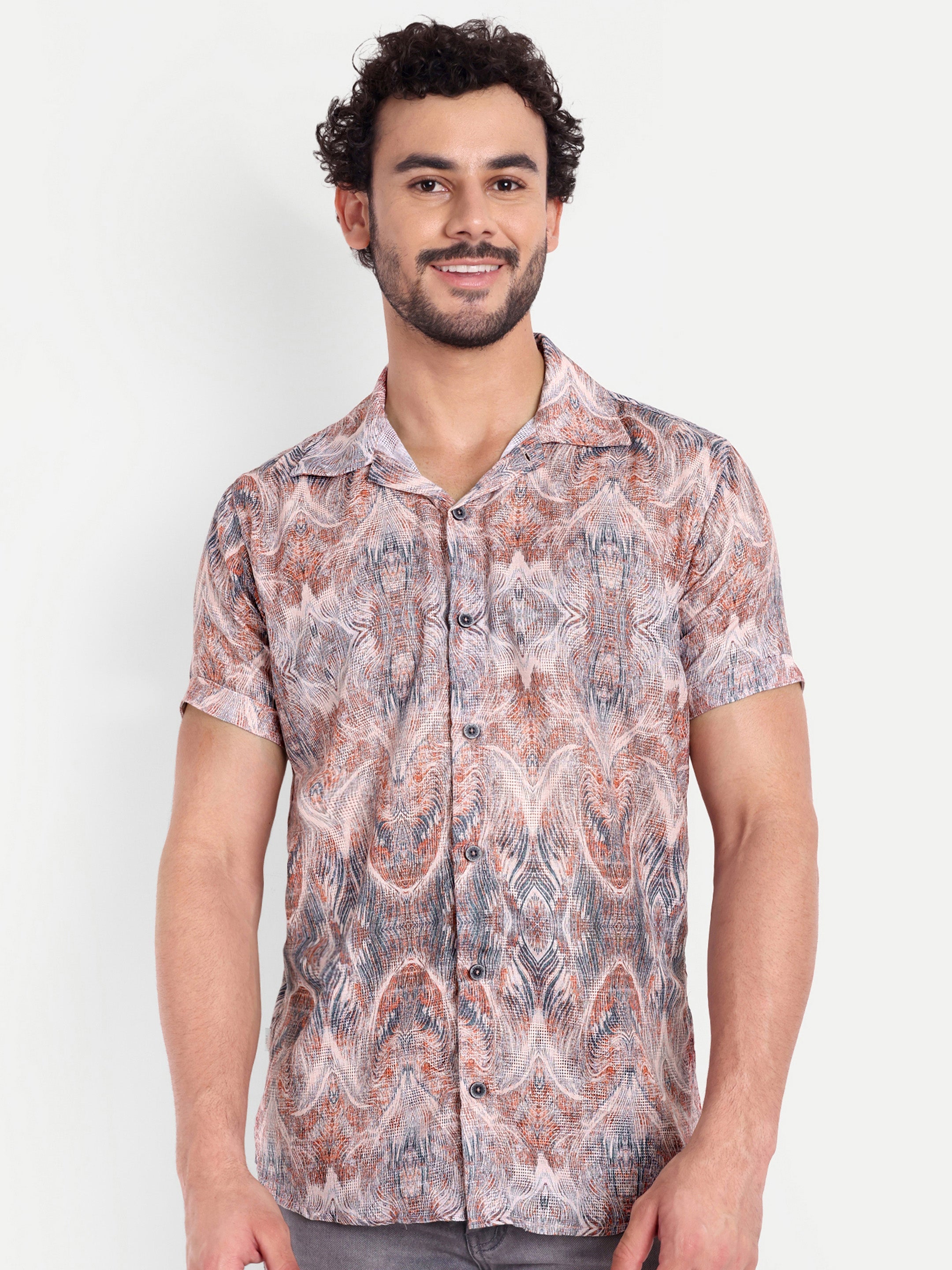 Blue Orange Printed Textured Half Shirt My Store