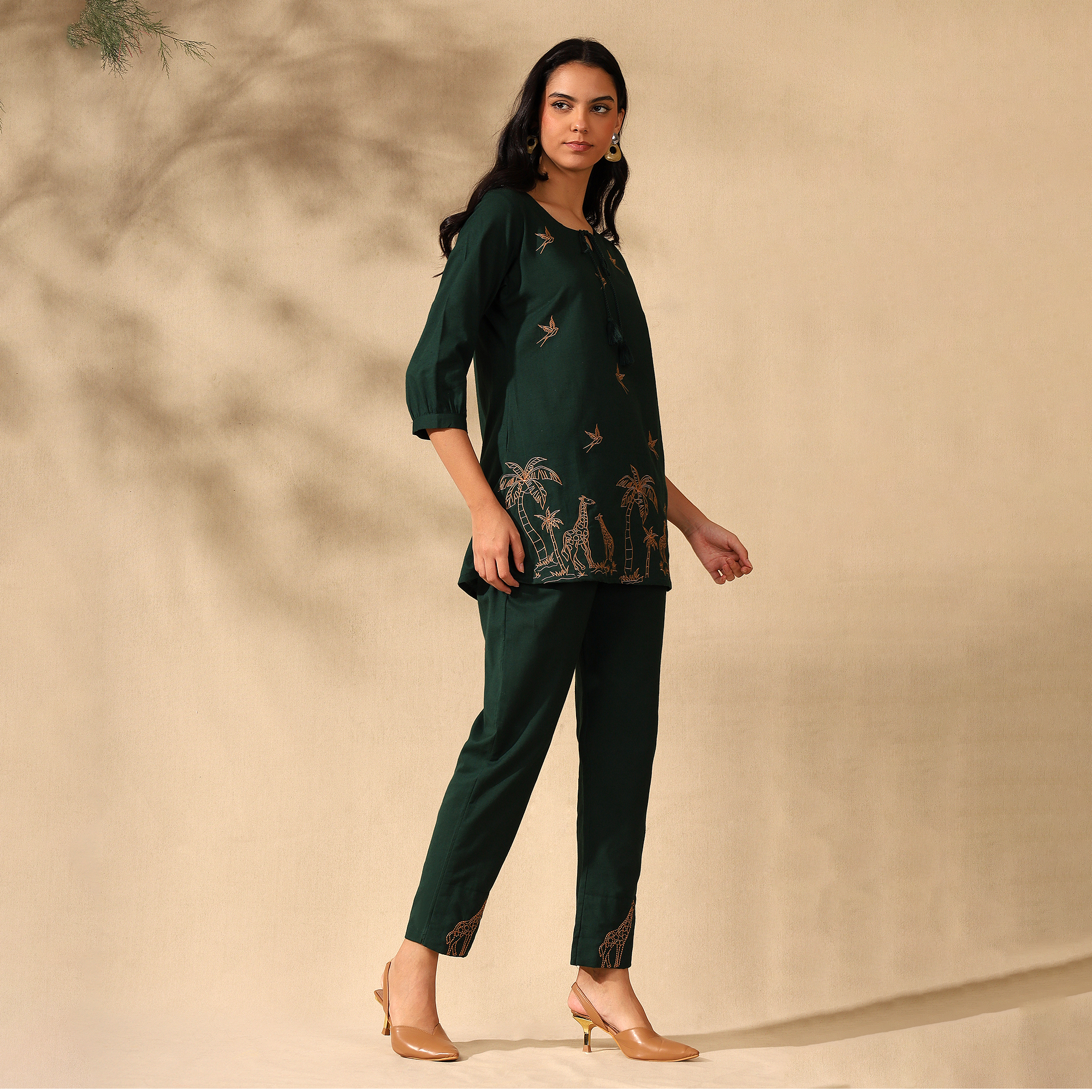 Embroidered Pure Cotton Tunic With Trousers Dark Green Co-ord Set