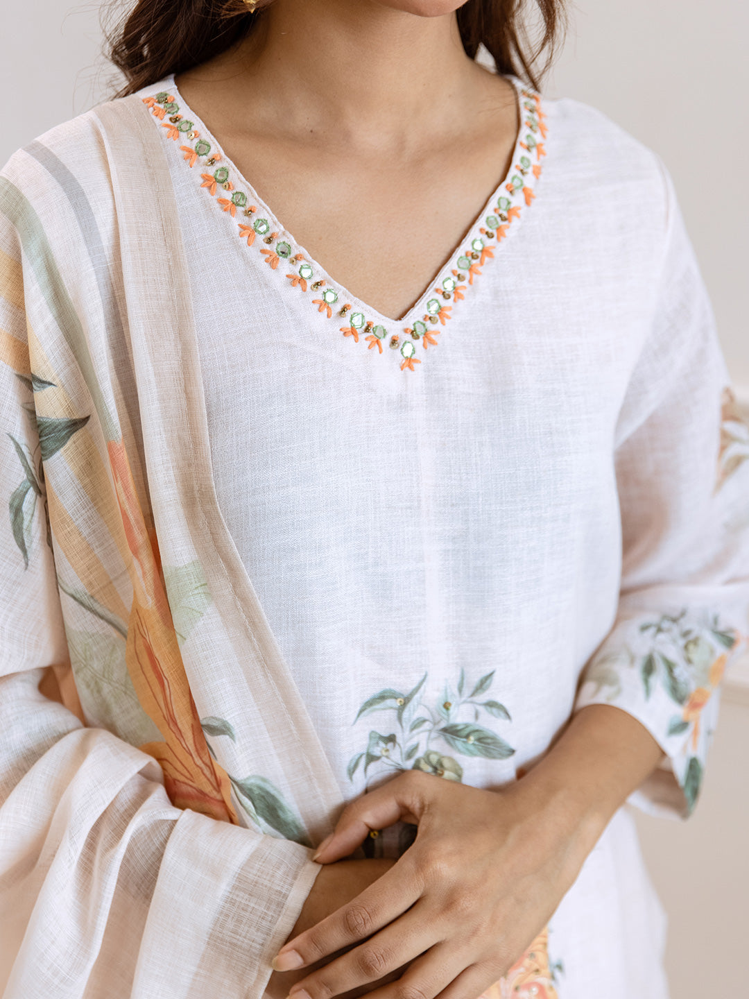 Floral Printed V-Neck Linen Straight Kurta Set with Dupatta- Cream