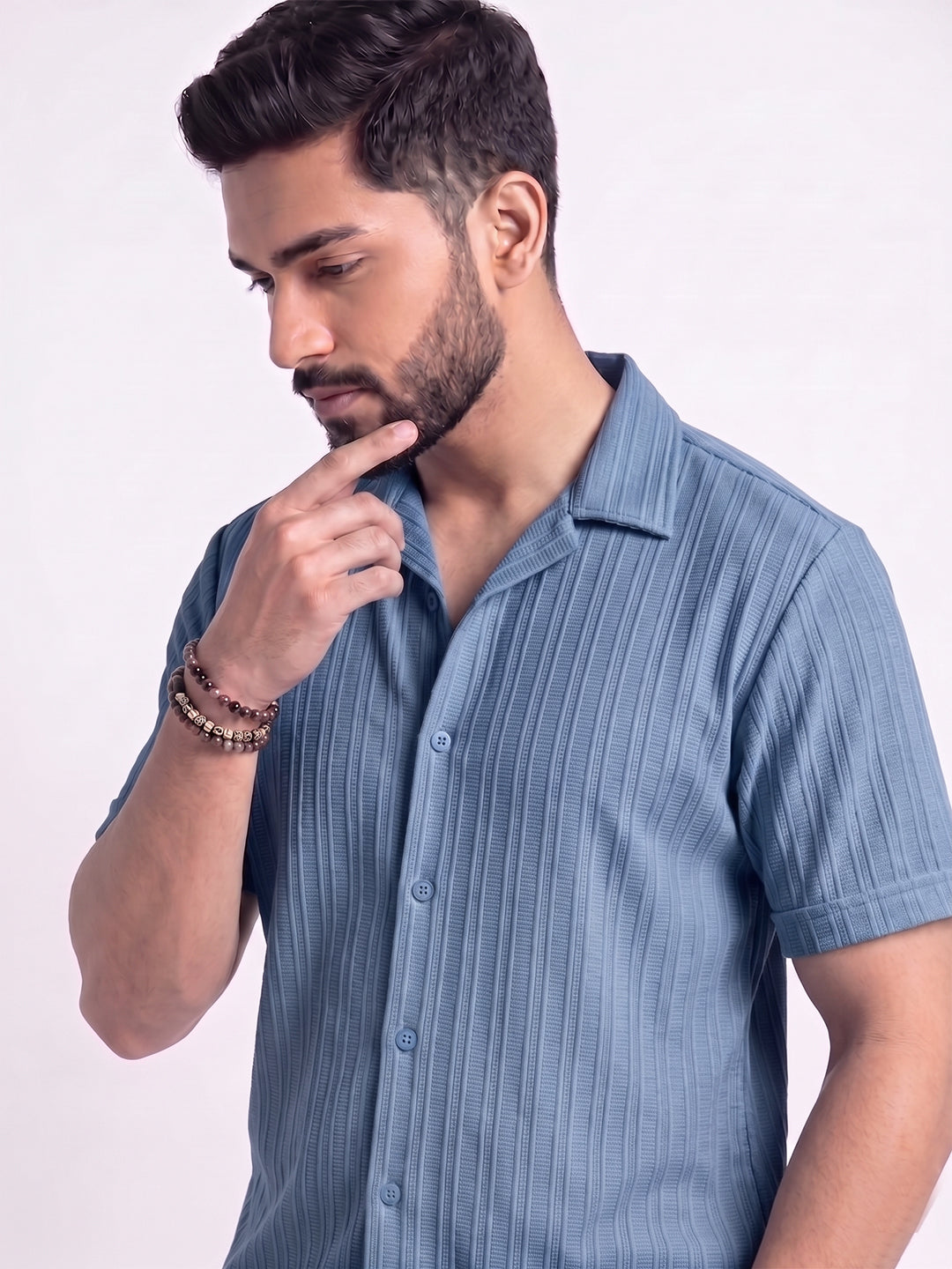 Men’s Denim Blue Textured Co-Ord Set – Premium Relaxed Fit Shirt & Trouser Set