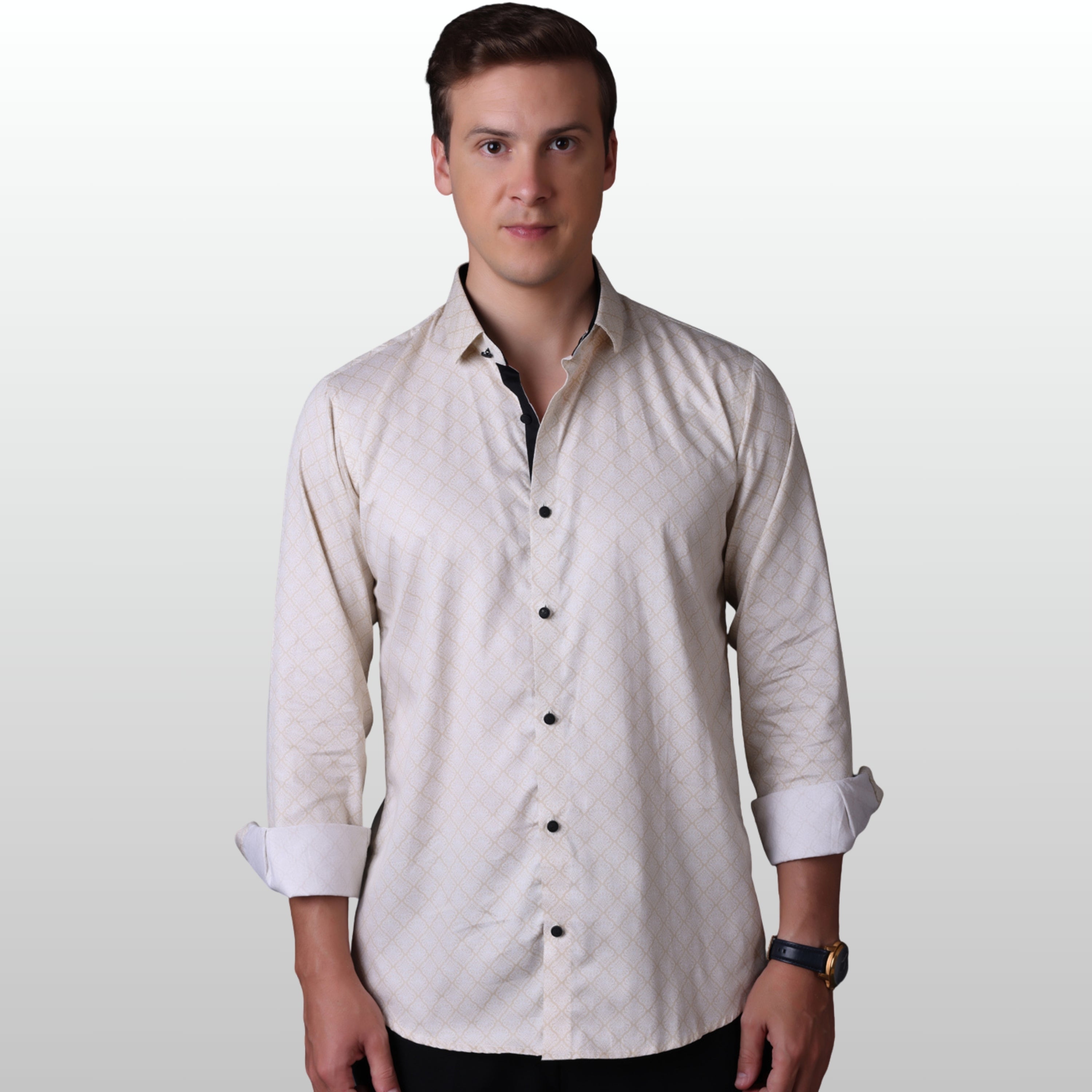 Geometrical Print Casual Shirt Beige Color