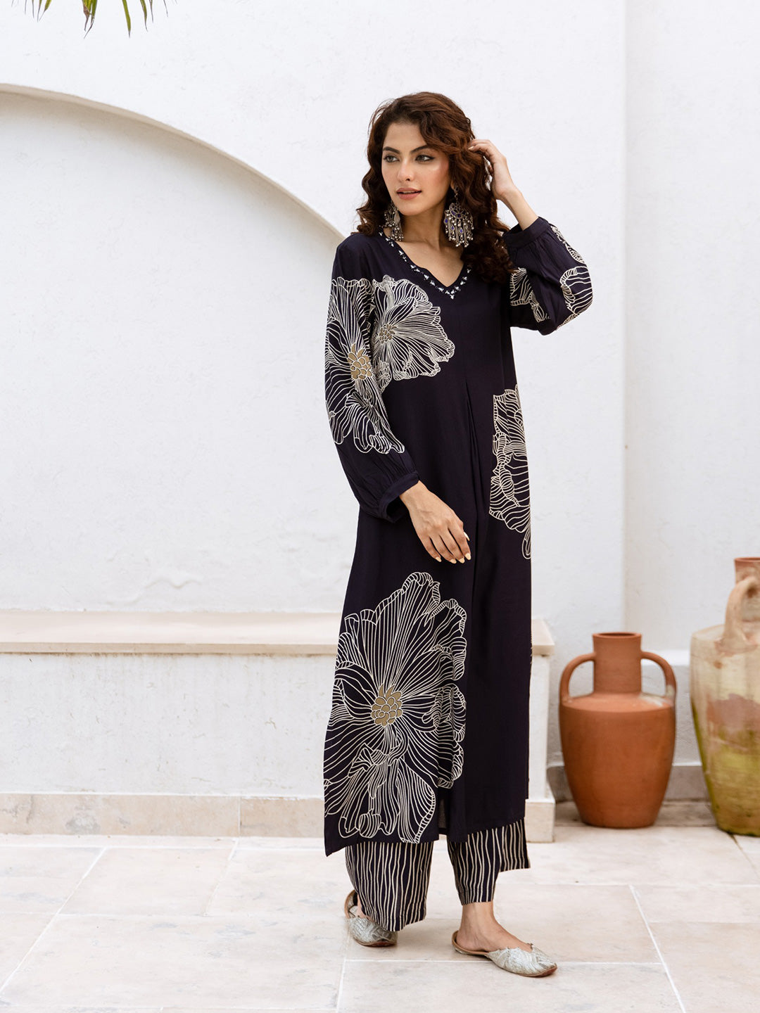 Floral Printed V-Neck A-Line Cotton Rayon Kurta Set- Navy Blue