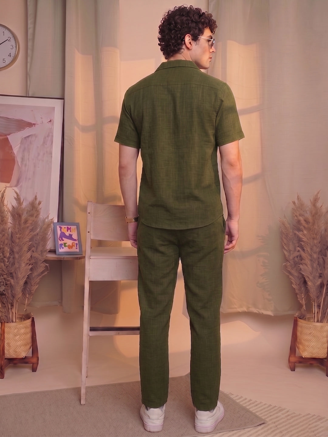 Men’s Premium Cotton Co-Ord Set | Resort Collar Shirt & Trouser Set | Olive Green