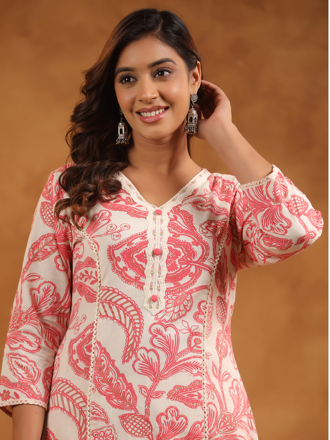 Floral Print Cotton V-Neck A-Line Long Kurti- Pink & Cream