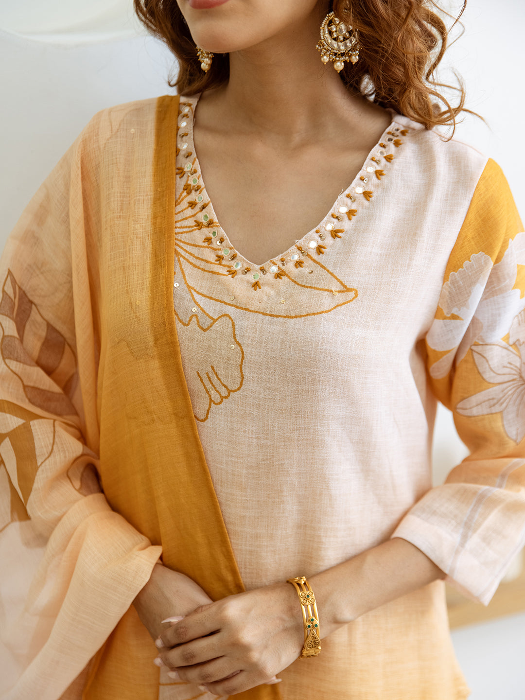Floral Printed V-Neck Linen Straight Kurta Set with Dupatta- Yellow