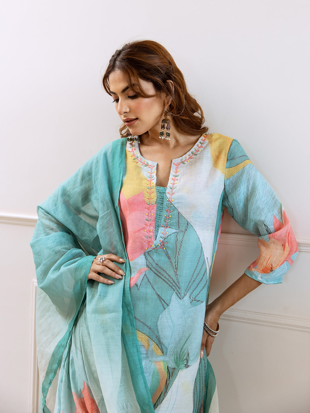 Floral Printed Notched Neck Linen Straight Kurta Set with Dupatta- Multicolor