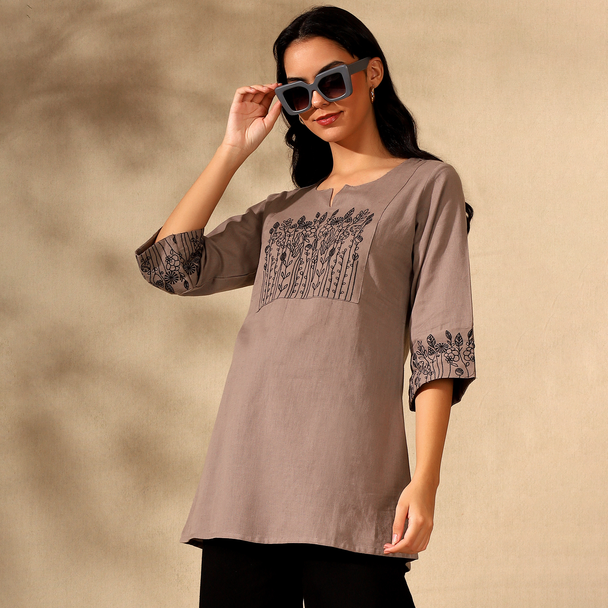Botanical Embroidered Pure Cotton Brown Short Kurti/Tunic