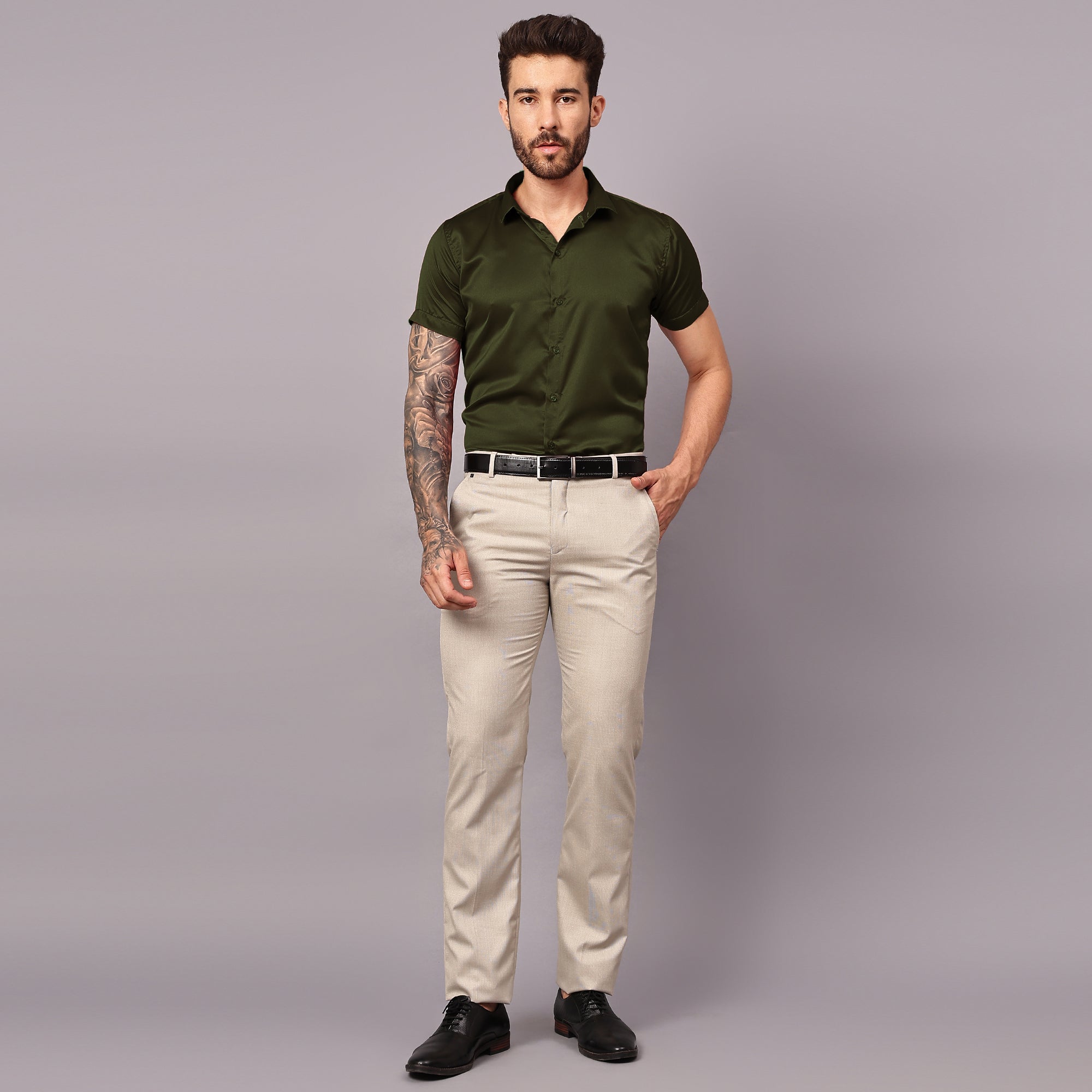 Satin Half Formal Shirt Olive Green Color