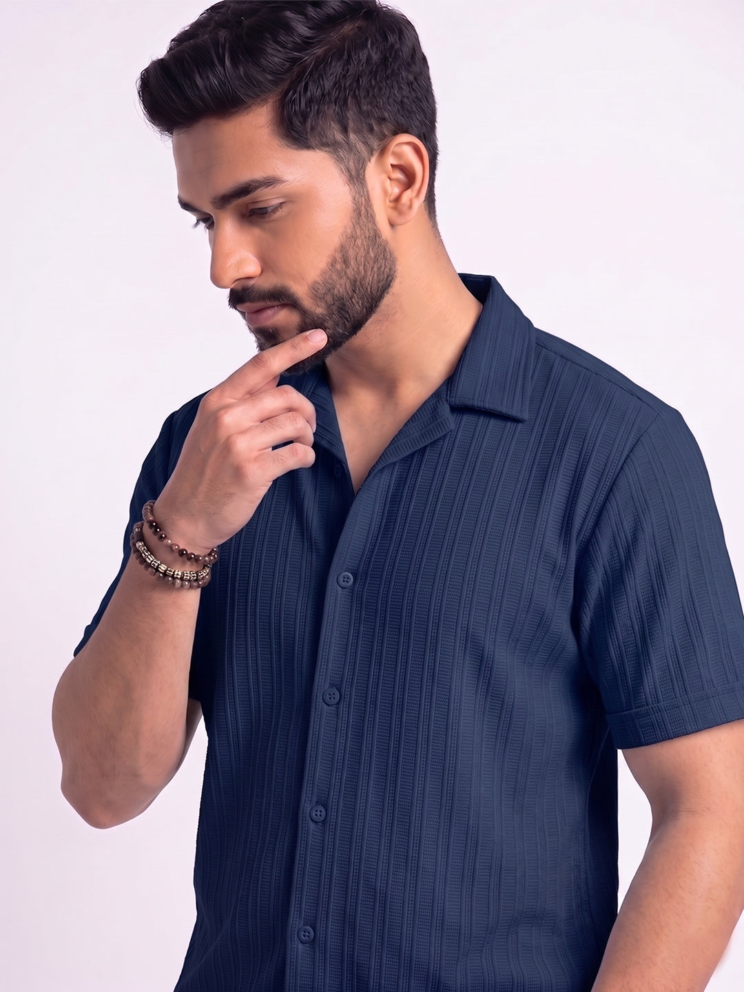 Men’s Navy Blue Textured Co-Ord Set – Premium Relaxed Fit Shirt & Trouser Set