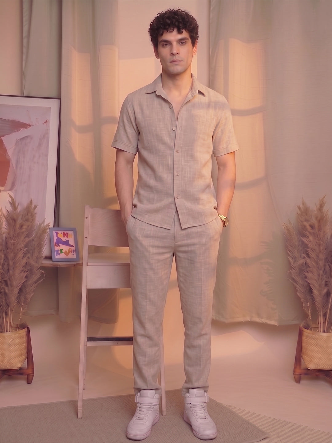 Men’s Premium Cotton Co-Ord Set | Resort Collar Shirt & Trouser Set | Khaki