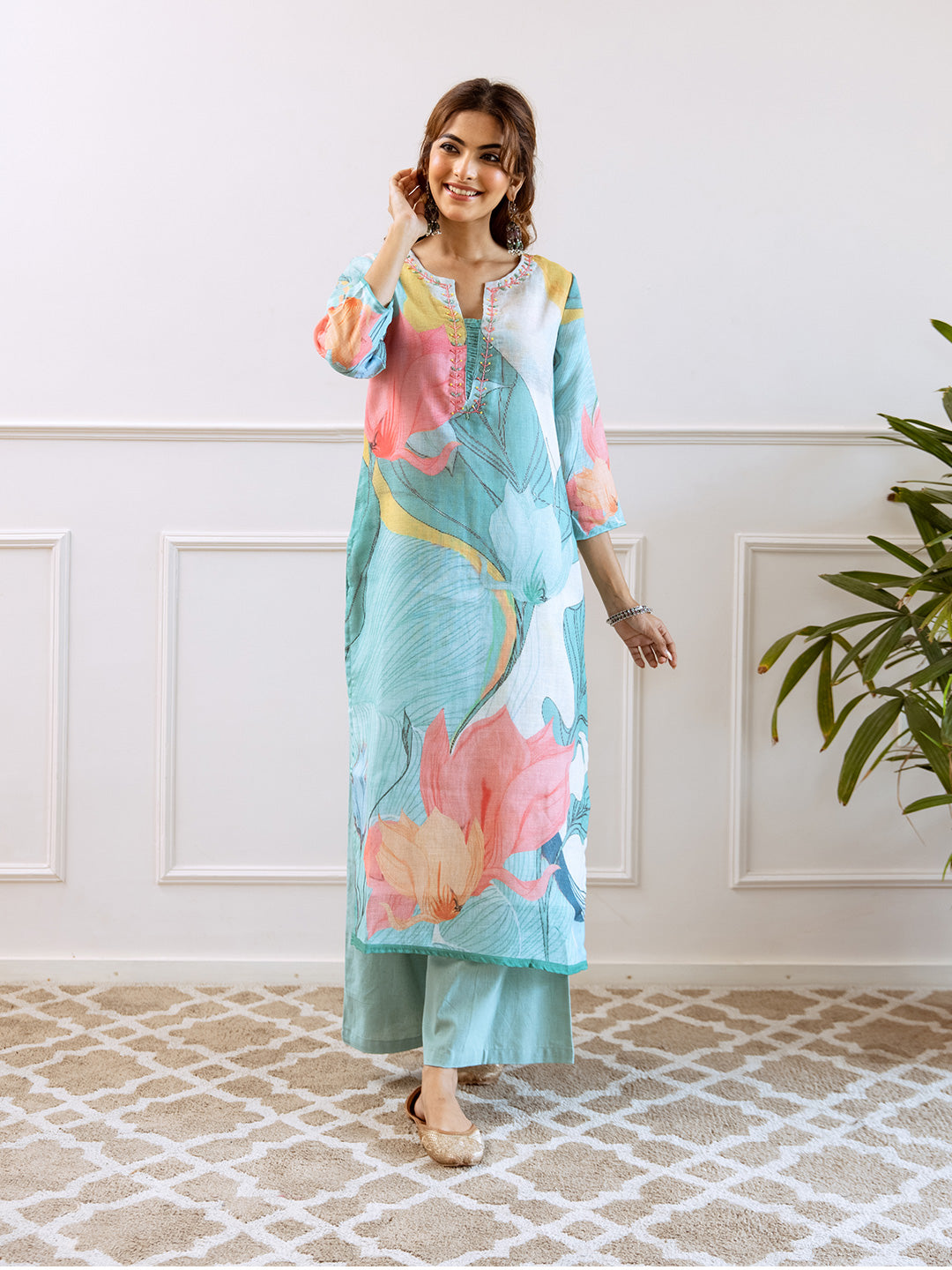 Floral Printed Notched Neck Linen Straight Kurta Set with Dupatta- Multicolor