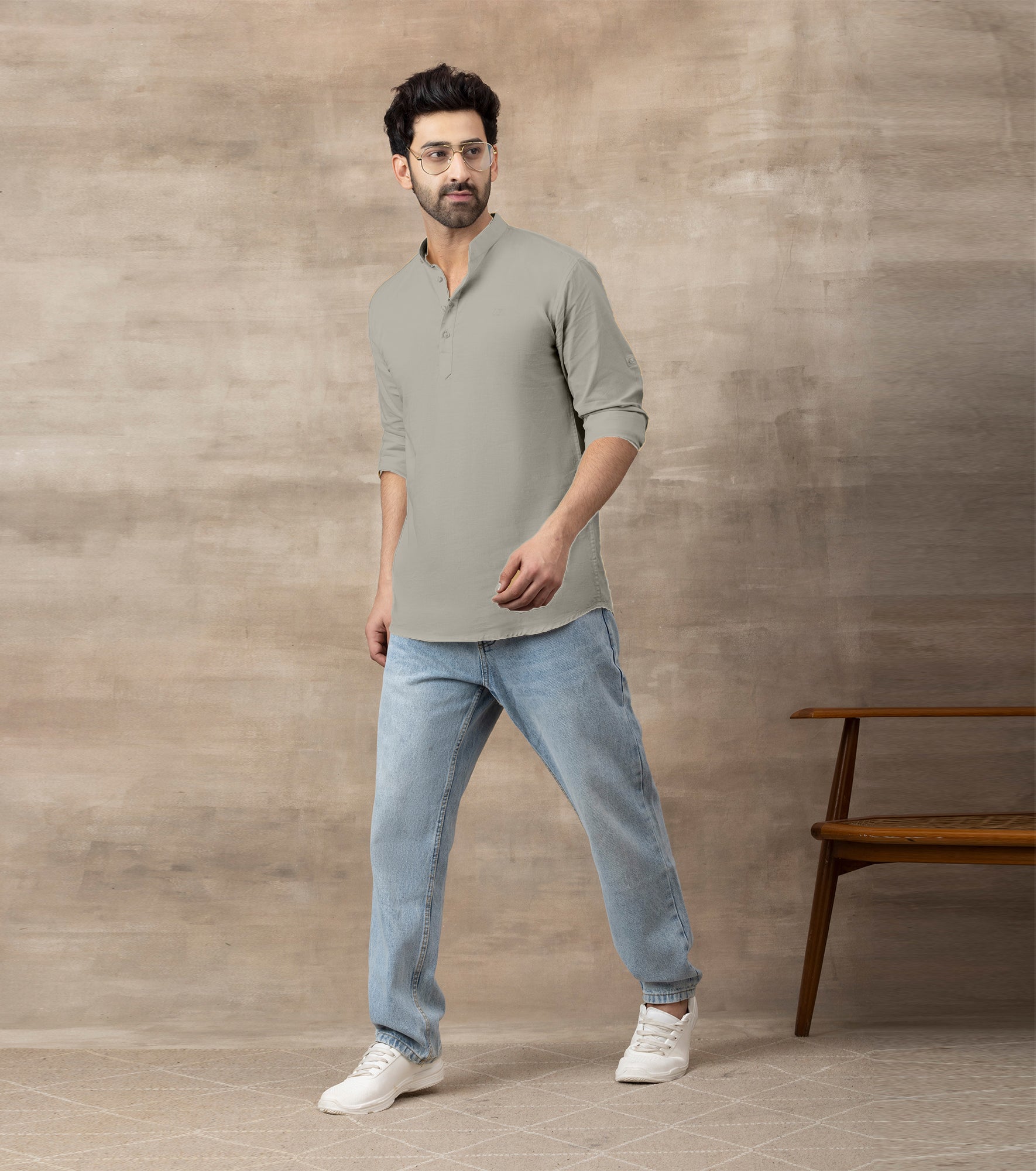 Cotton Chinese Collar Short Kurta for Men | Traditional Nehru Ethnic Shirts | Daily Wear-Grey