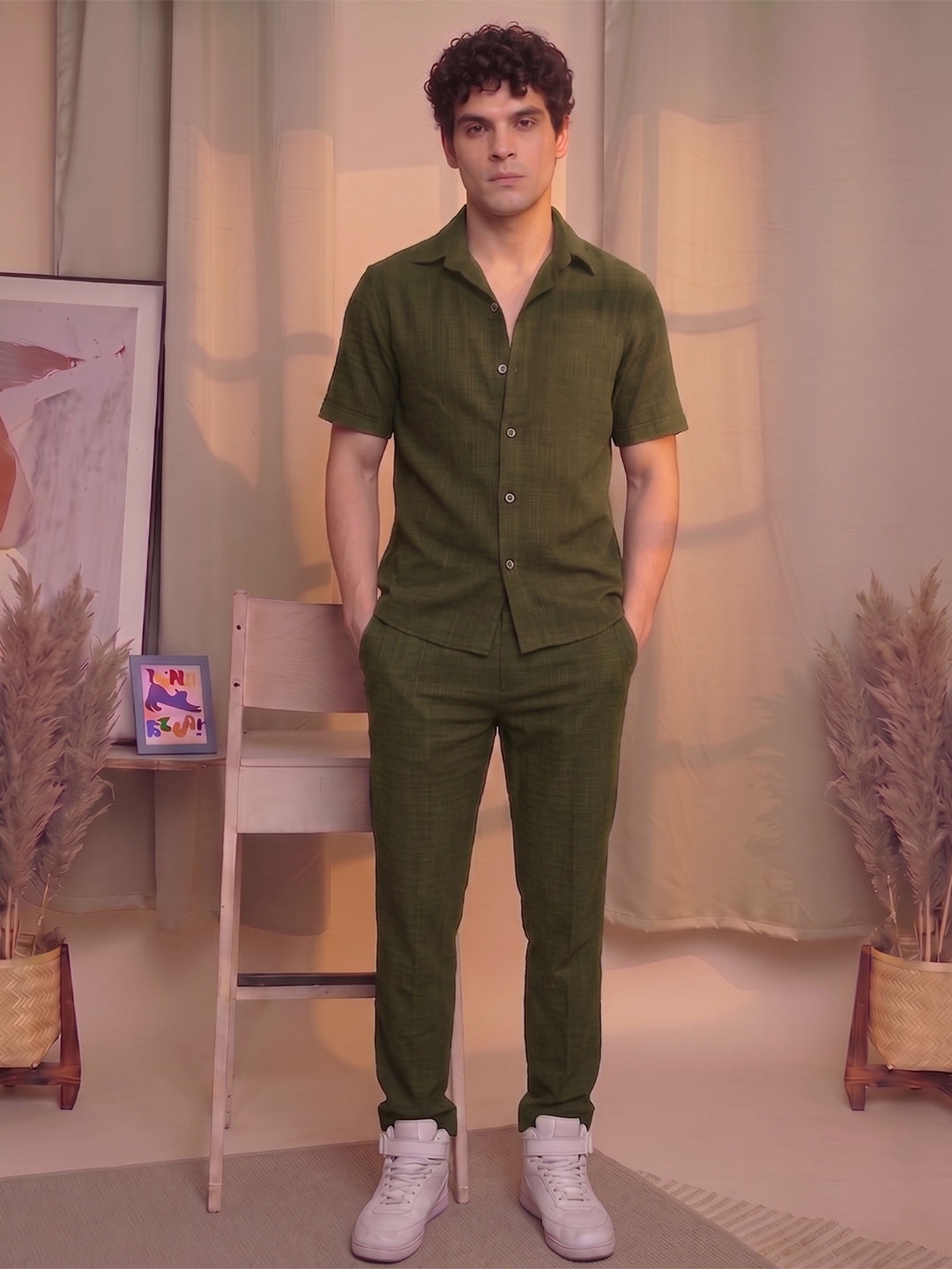 Men’s Premium Cotton Co-Ord Set | Resort Collar Shirt & Trouser Set | Olive Green