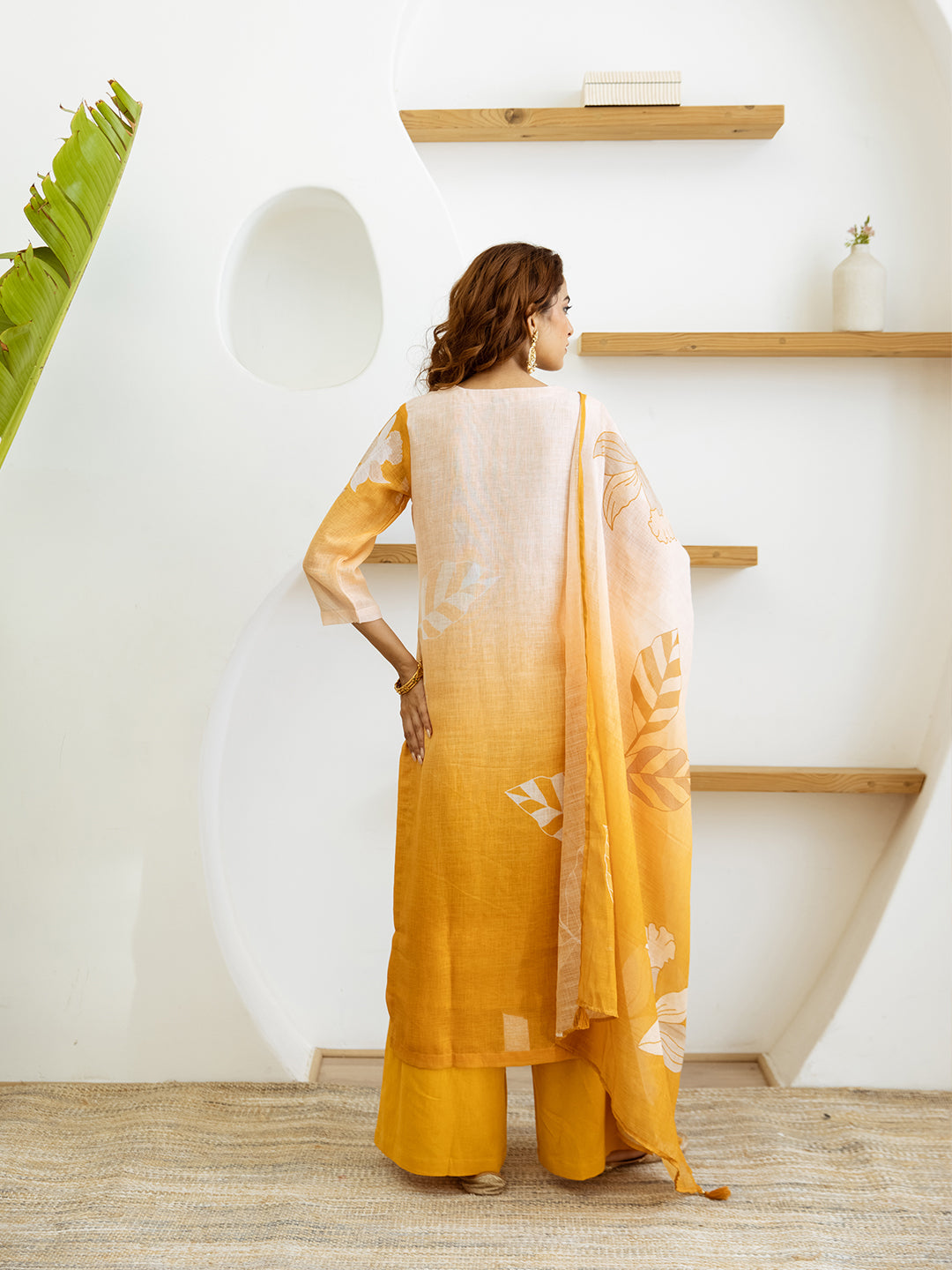 Floral Printed V-Neck Linen Straight Kurta Set with Dupatta- Yellow