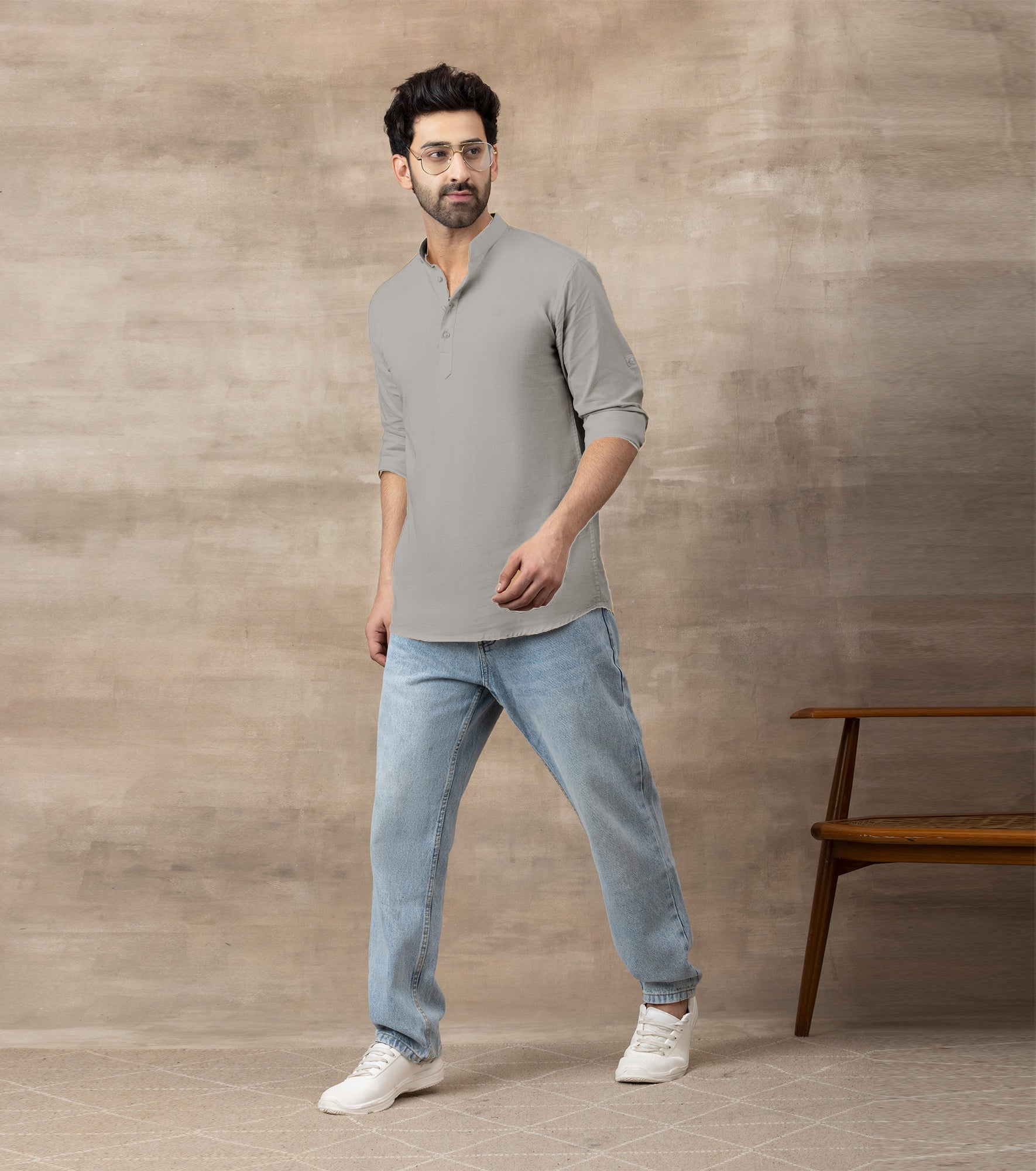 Cotton Chinese Collar Short Kurta for Men | Traditional Nehru Ethnic Shirts | Daily Wear-Grey