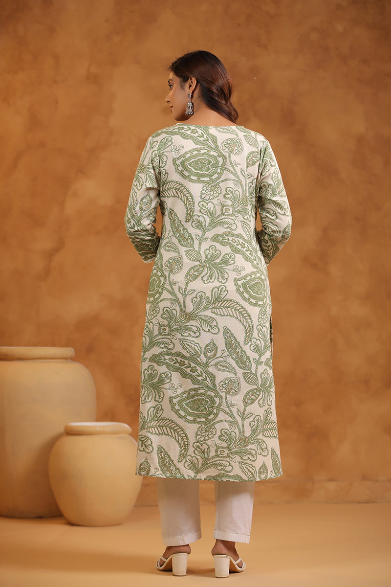 Floral Print Cotton V-Neck A-Line Long Kurti- Green & Cream