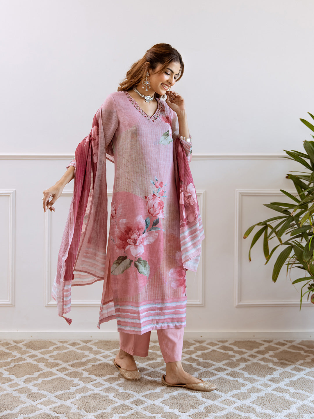 Floral Printed V-Neck Linen Straight Kurta Set with Dupatta- Rose Pink