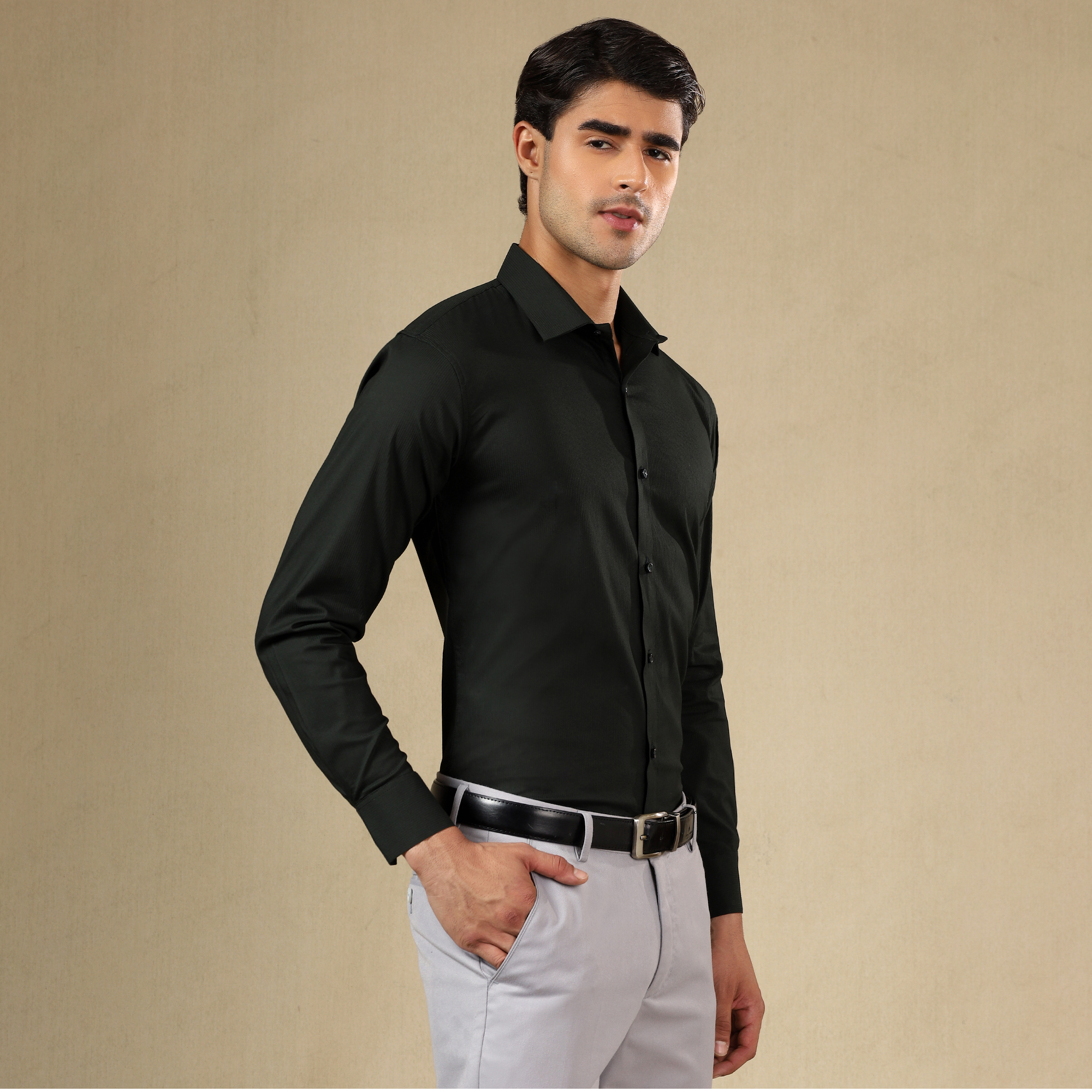 Premium SELF SHIRTS FOR MEN - Textured Formal Shirts Collection | Professional Office Wear | Modern Man’s Self-Striped Statement Shirt-DARK GREEN