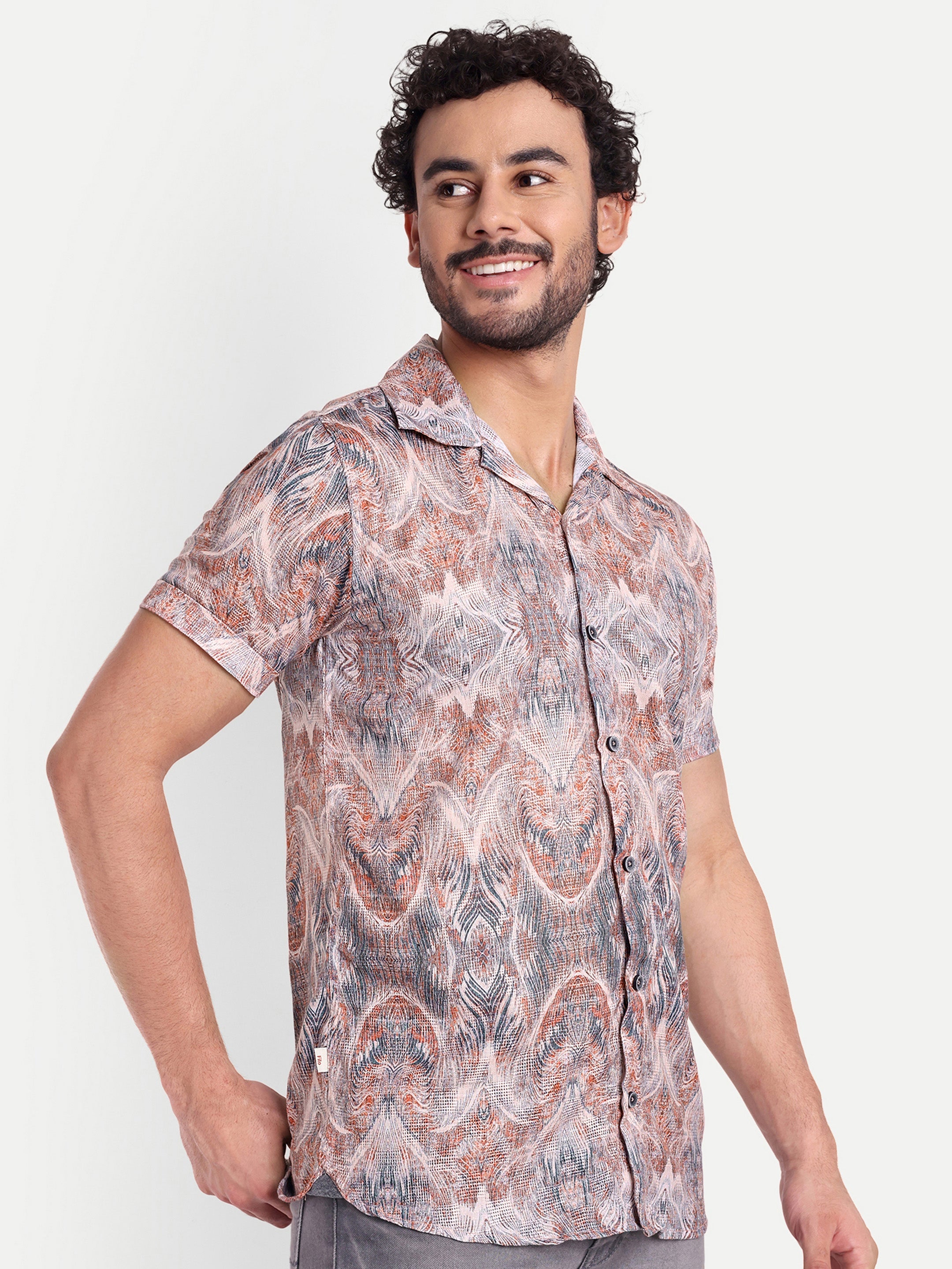 Blue Orange Printed Textured Half Shirt My Store