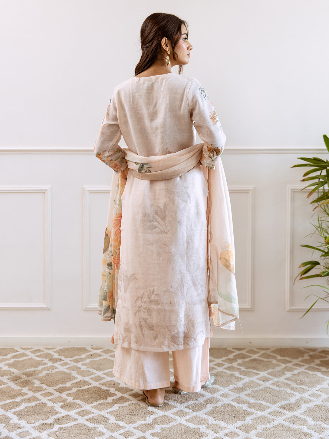 Floral Printed V-Neck Linen Straight Kurta Set with Dupatta- Cream