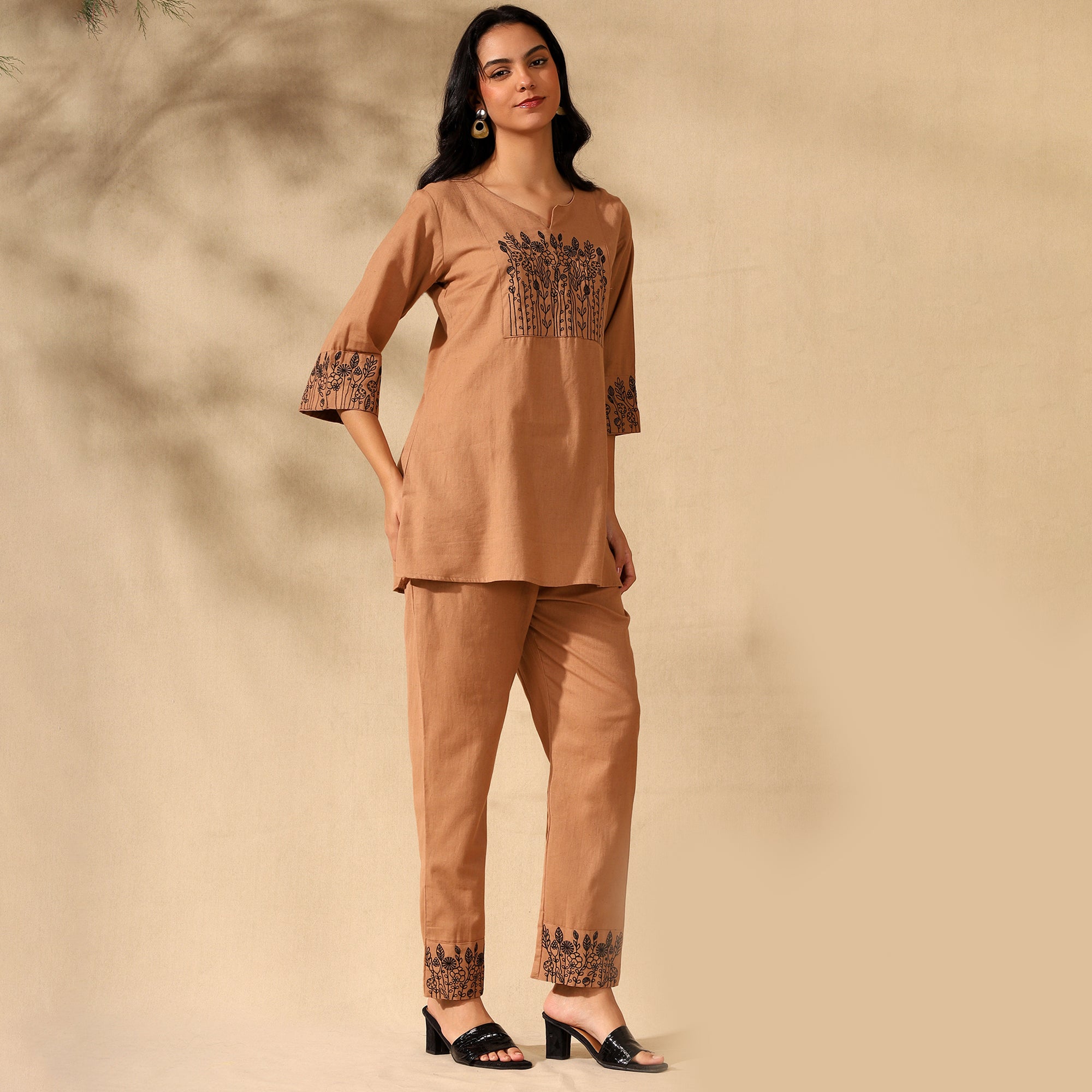 Botanical Embroidered Pure Cotton Tunic With Trousers Beige Co-ord Set